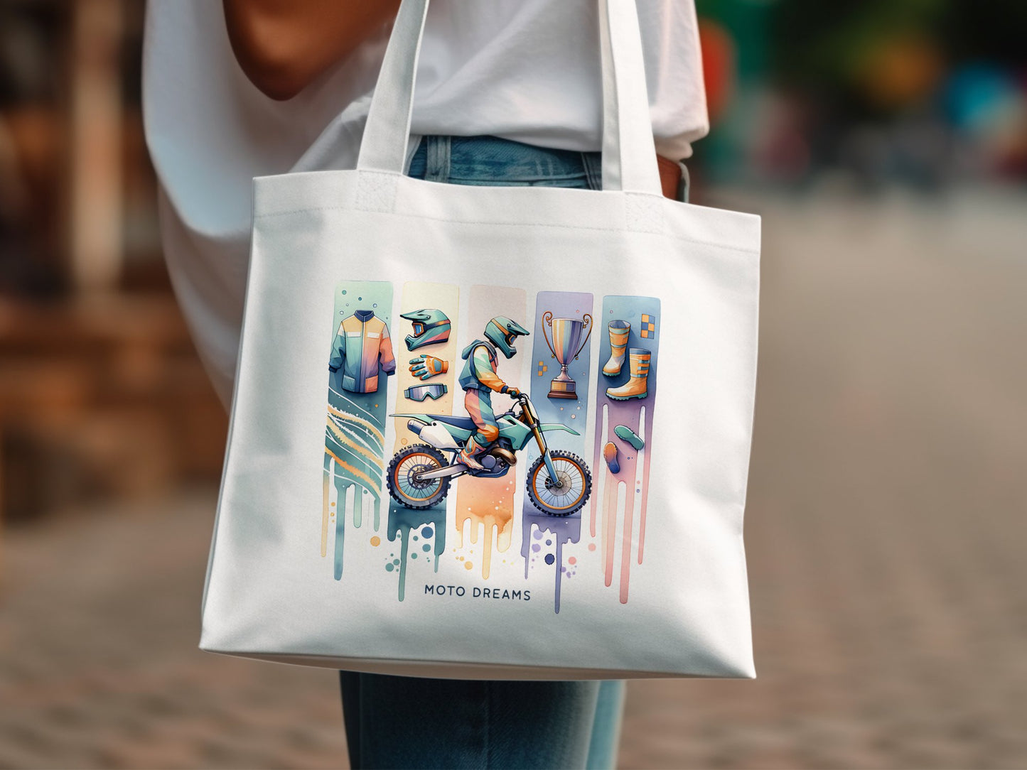 Colorful Motorcycle Art Tote Bag, Urban Style Streetwear Canvas Bag, Unique Moto Dreams Design, Trendy Commuter Shoulder Bag