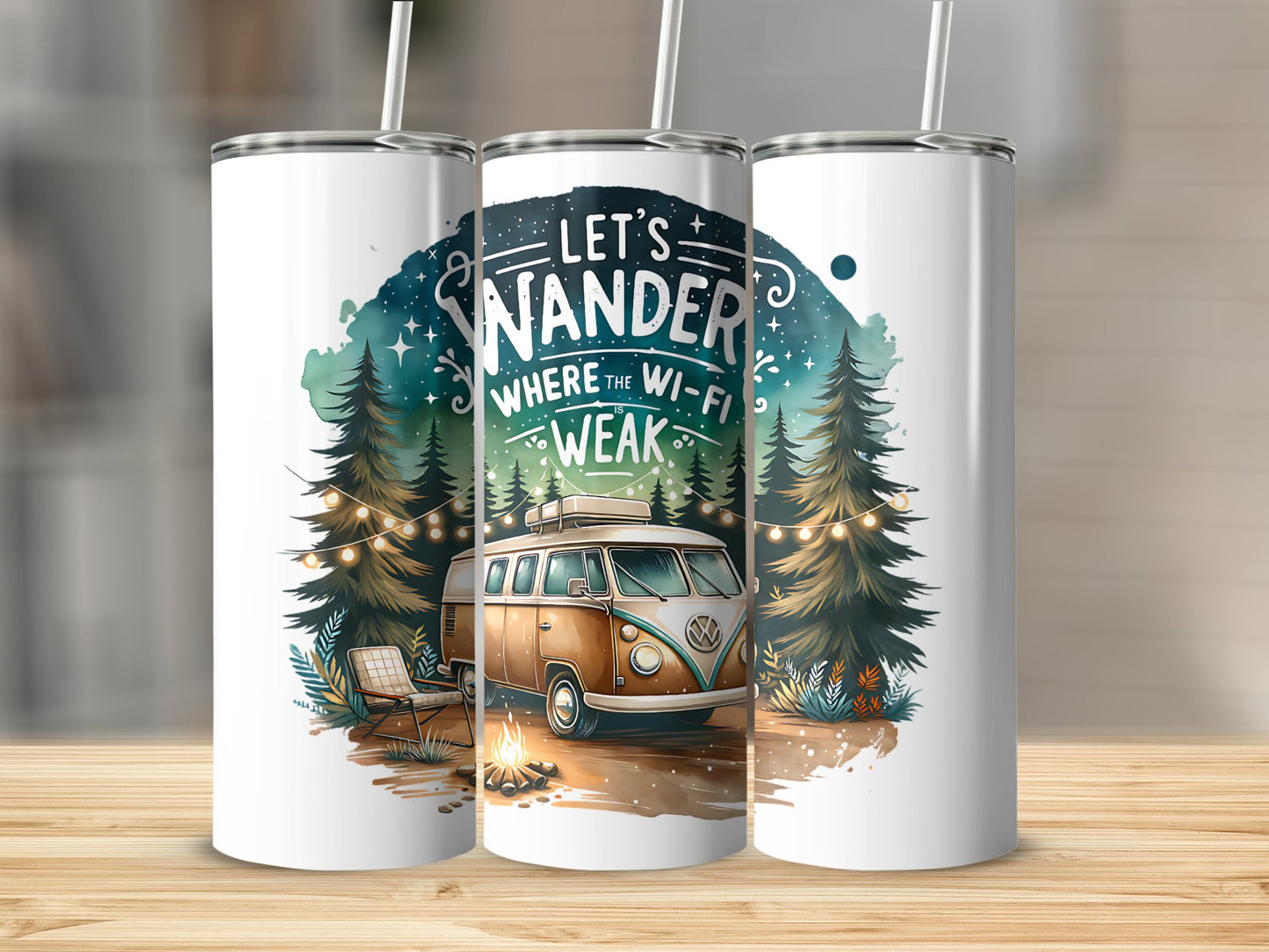 Wanderlust Travel Tumbler, Camping Scene Insulated Cup, Adventure Van Forest Design, Unique Gift Idea