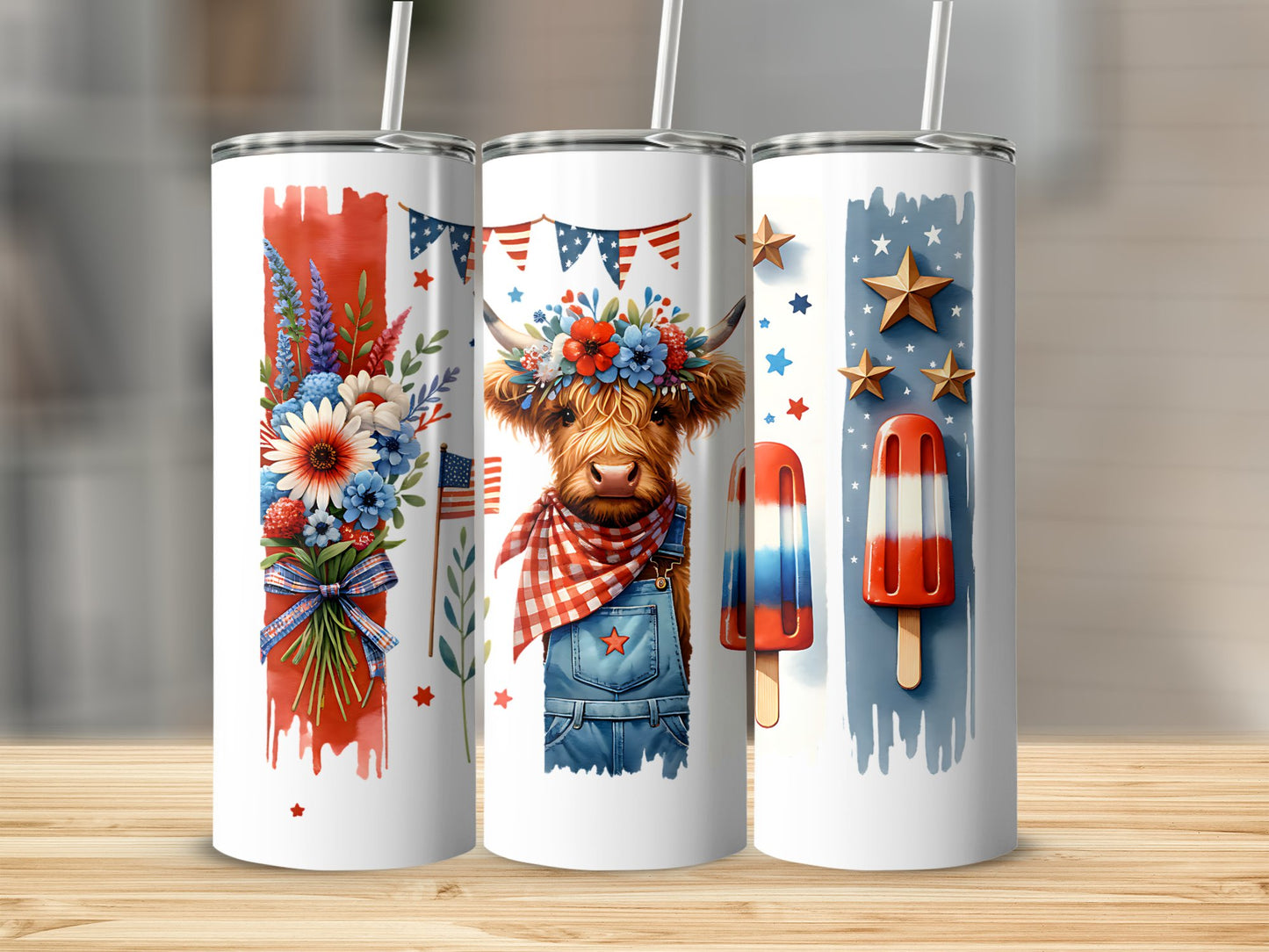 Patriotic Tumblers with Straw, Highland Cow and American Flag Design, Floral and Popsicle Graphics, 4th of July Drinkware
