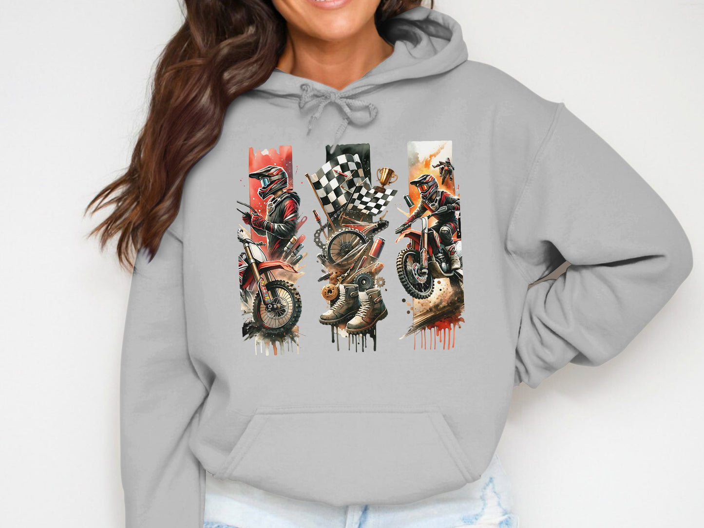 Women's Motorcycle Graphic Hoodie, Vintage Biker Print Sweatshirt, Urban Streetwear, Trendy Racing Pullover, Casual Fashion Top