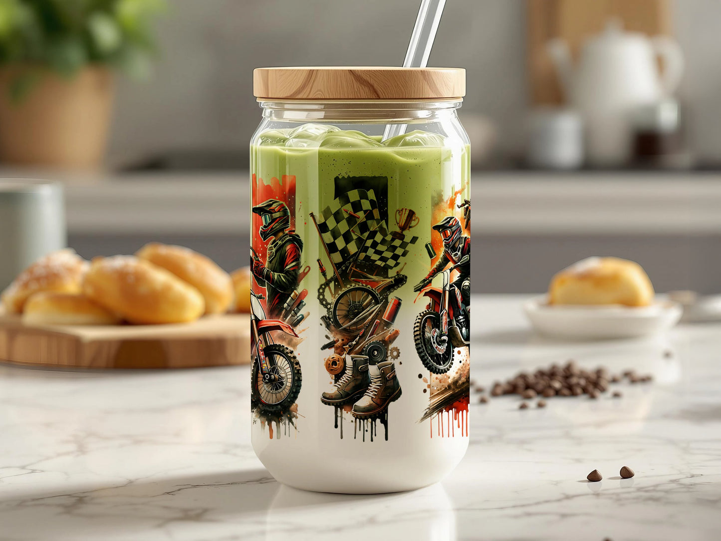 Vibrant Tattoo Art Print Glass Jar, Urban Style Kitchen Decor, Smoothie Cup with Straw, Gift Idea