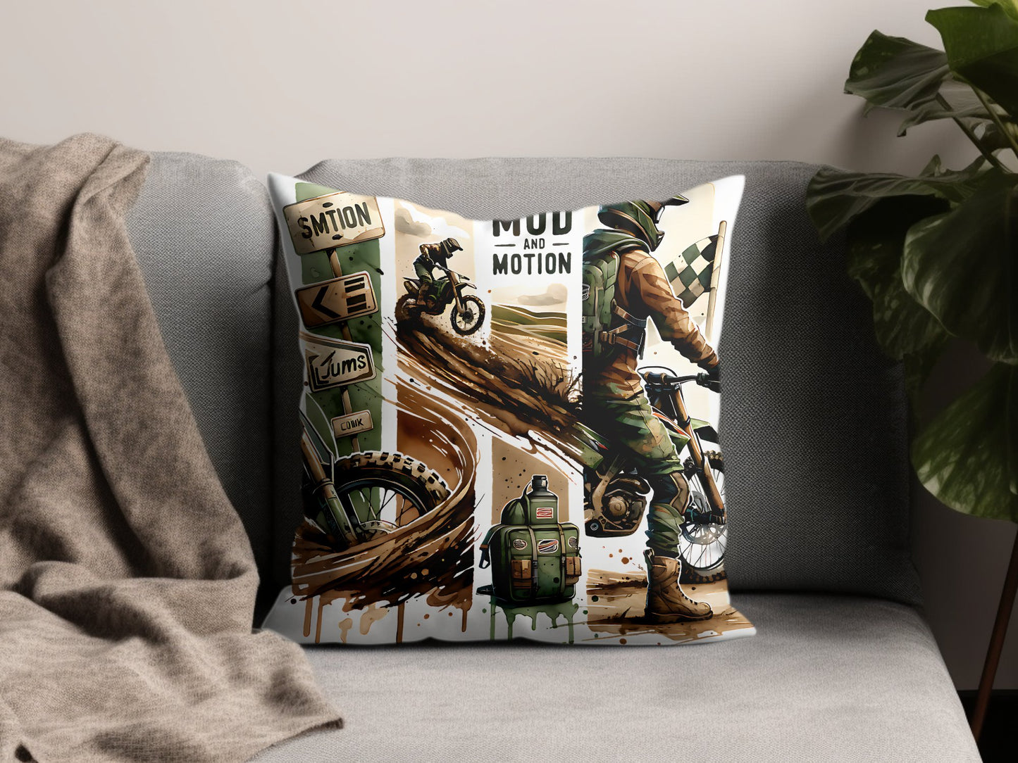 Dirt Bike Throw Pillow Cover, Off-Road Motorcycle Cushion, Racing Home Decor, Rider Gift Idea