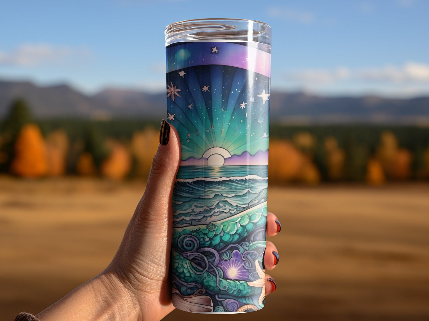Sea witch Tumbler Wrap, Dark Siren Ocean 20 oz Skinny Sublimation Tumbler Design, Night Beach Seashell Mermaid Scale Tumbler Wrap