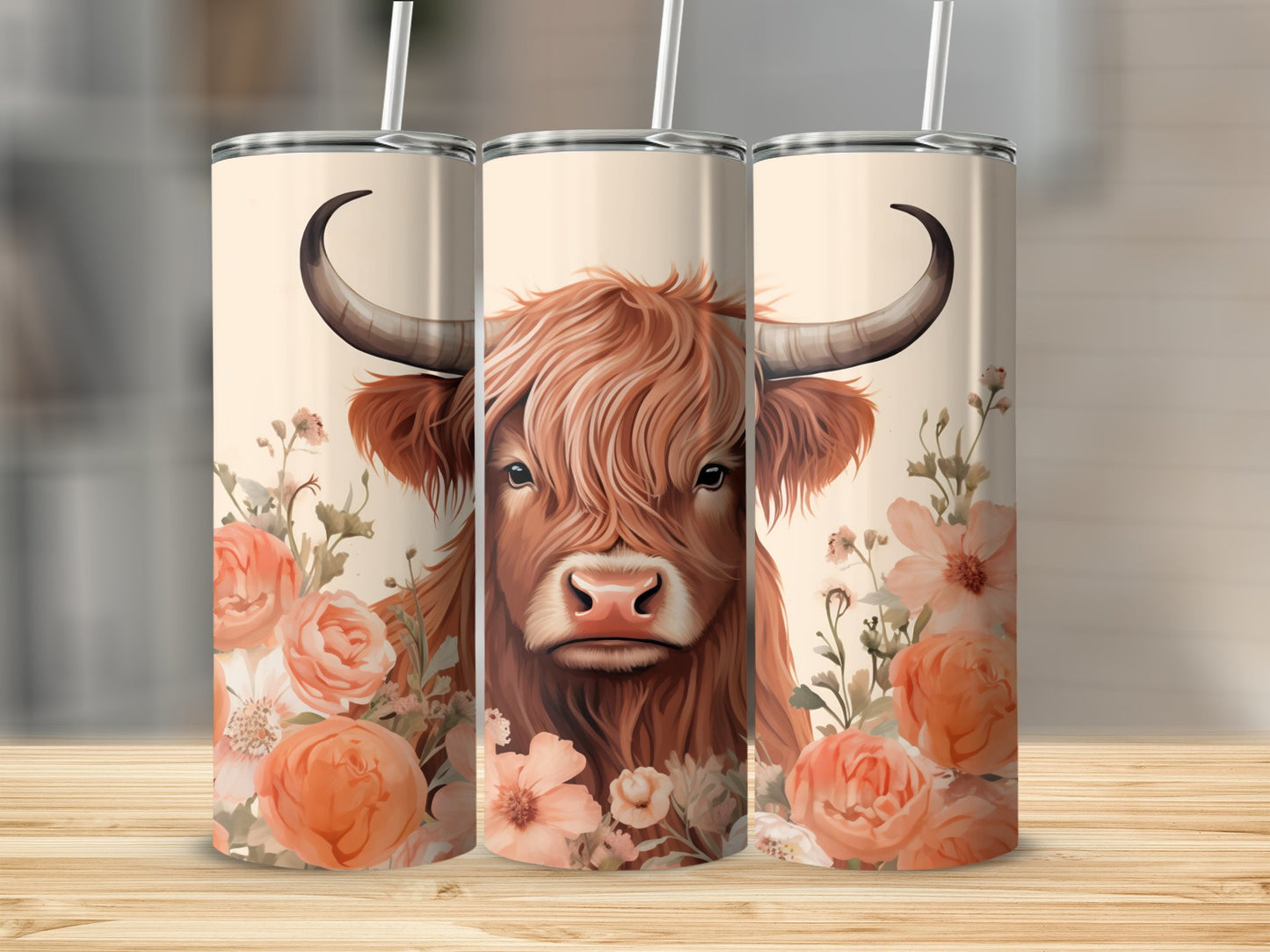 Highland Cow Tumbler Wrap PNG, Peach Floral Cow 20oz Skinny Tumbler Sublimation Design, Western Farmhouse Sublimation, Digital Download