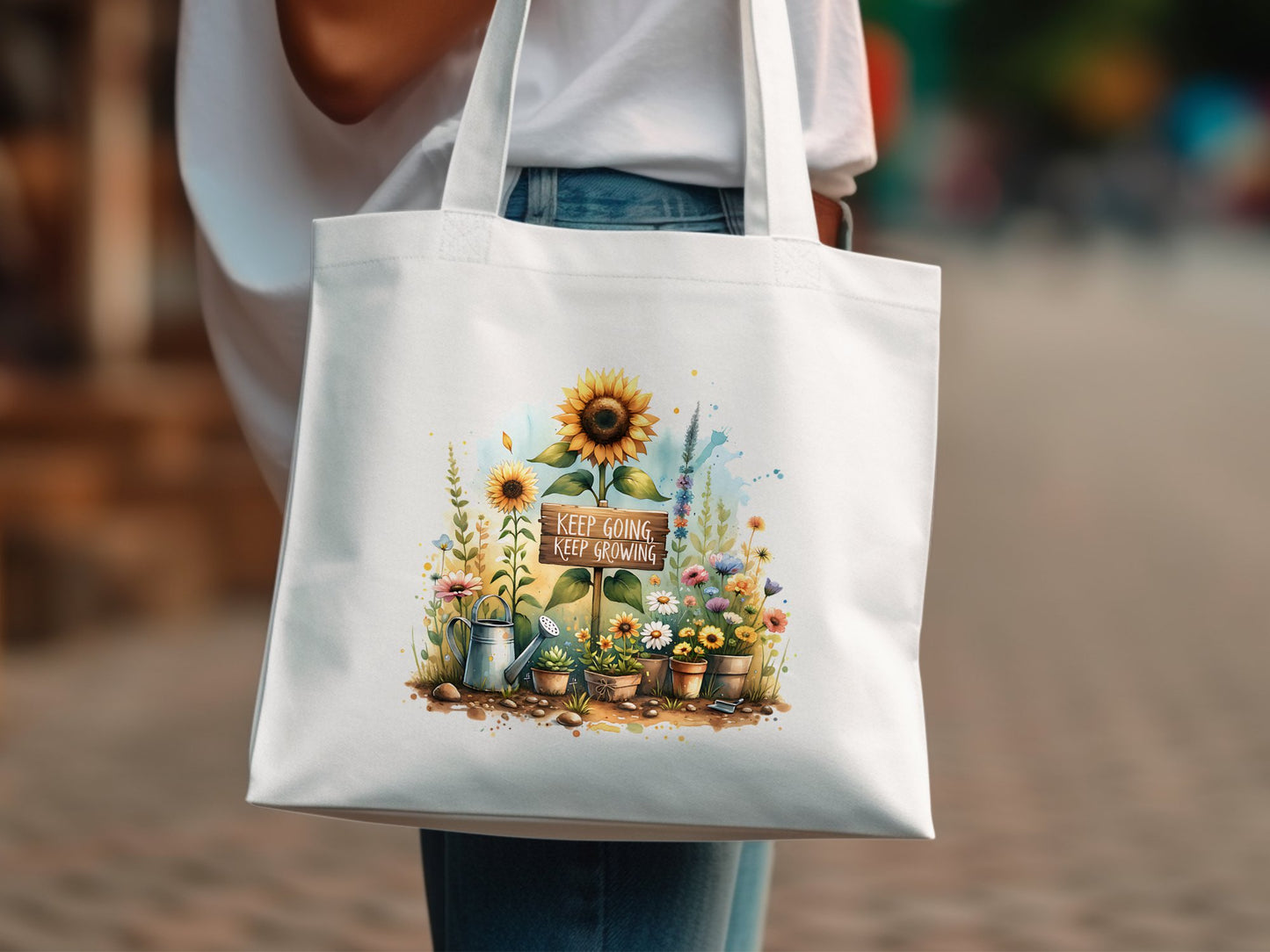 Floral Tote Bag, Sunflower and Cactus Print, Keep Going Keep Growing, Eco-Friendly Cotton Canvas Bag, Boho Style Shopping Tote
