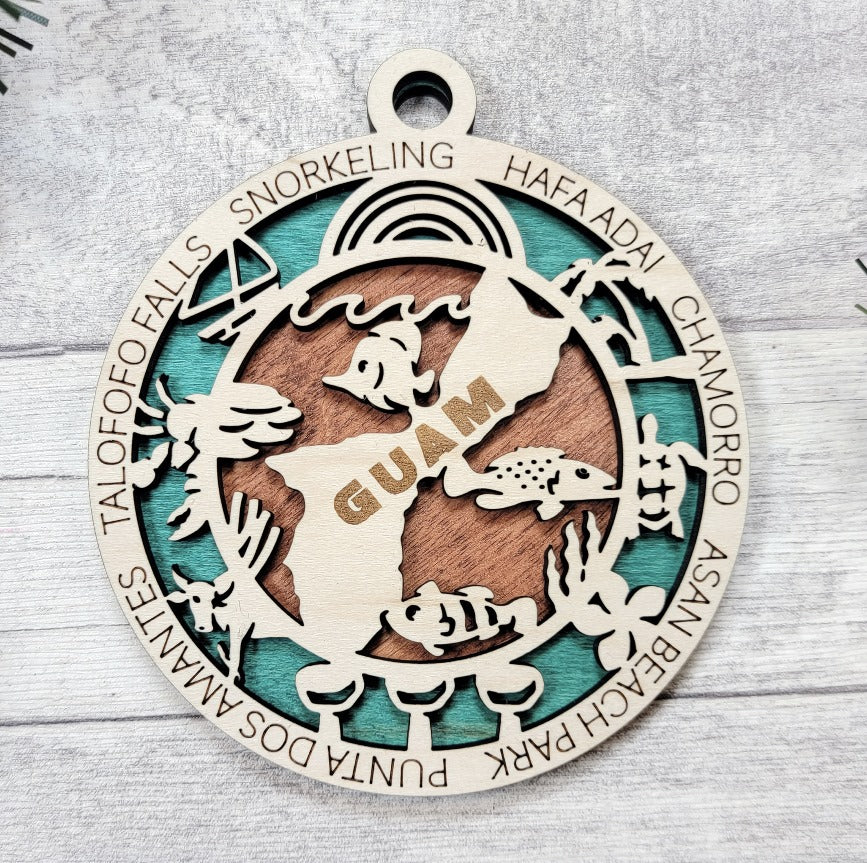 Guam Ornament – 3.25” Round Laser Cut Island Scene Christmas Decoration | Guam Souvenir Gift for Ocean Lovers, Chamorro Culture Fans & World Travelers