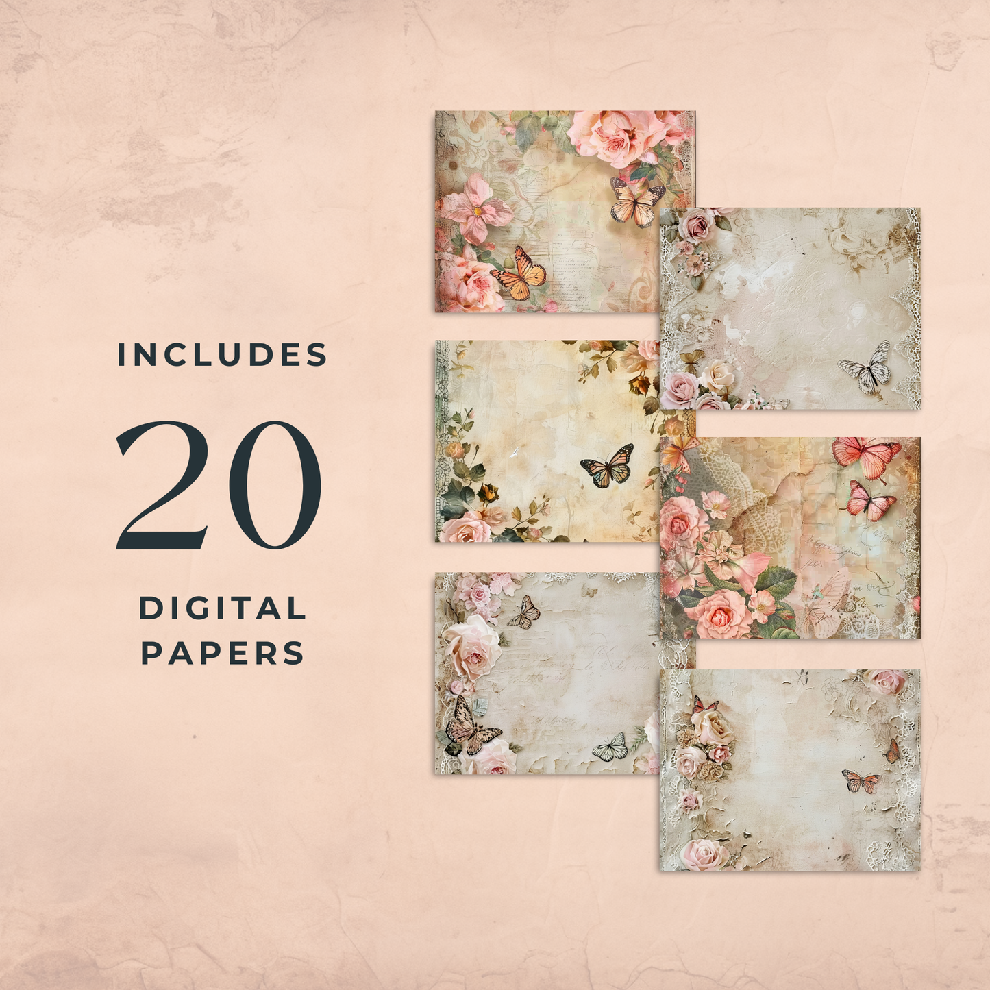 Digital Vintage Pastel Butterfly with Flowers Junk Journal Paper 20 Pages 12x12 Inch 300 DPI Printable Scrapbook Paper for Crafts
