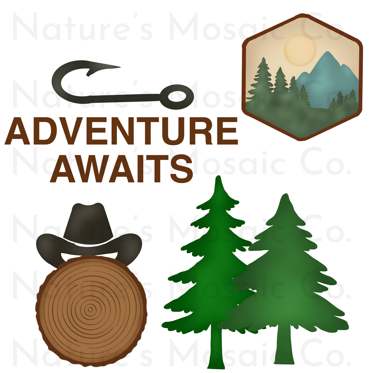Rustic Clipart Mini Set, Adventure Awaits, Log, Pine Tree, Mountain, Fishing Hook, Cowboy Hat, Instant Digital Download