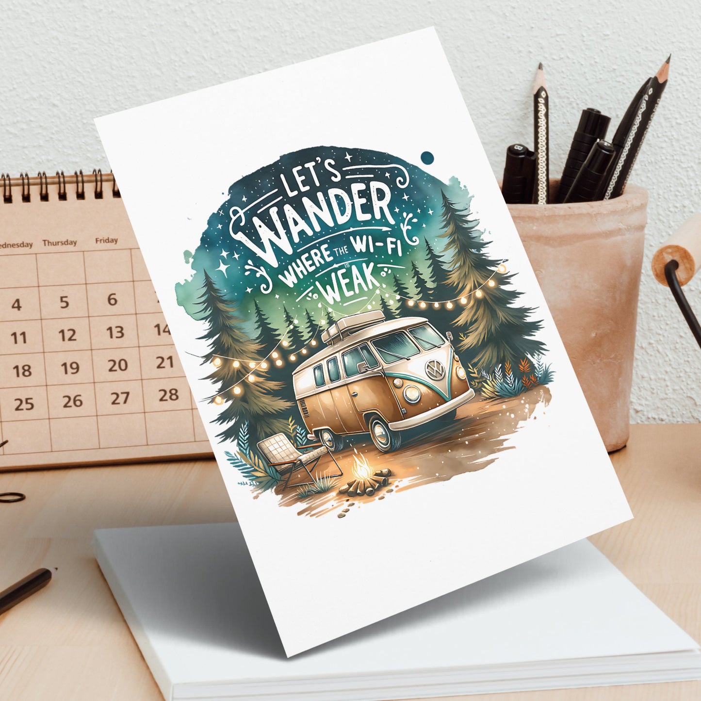 Let's Wander Where the Wi-Fi is Weak Poster, Vintage Camper Art Print, Adventure Travel Decor, Forest Camping Illustration