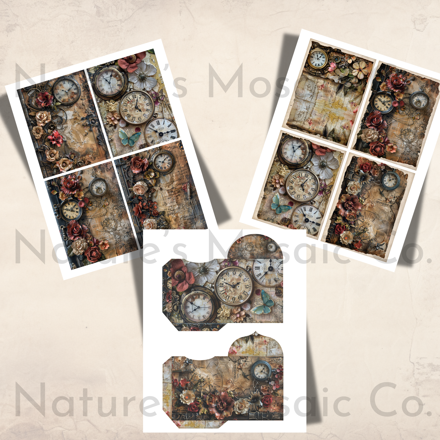 Antique Clocks Junk Journal Ephemera 21 Pages Vintage Timepiece Printables Tags Envelopes Pockets Labels Scrapbooking Digital Download