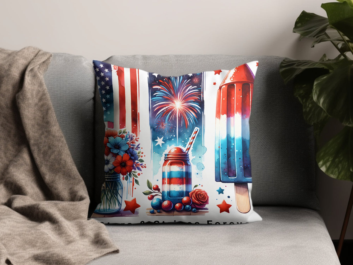 Patriotic Pillow Cover, 4th of July Decor, Fireworks, American Flag, Rocket Pops, Floral Design, Sofa Cushion