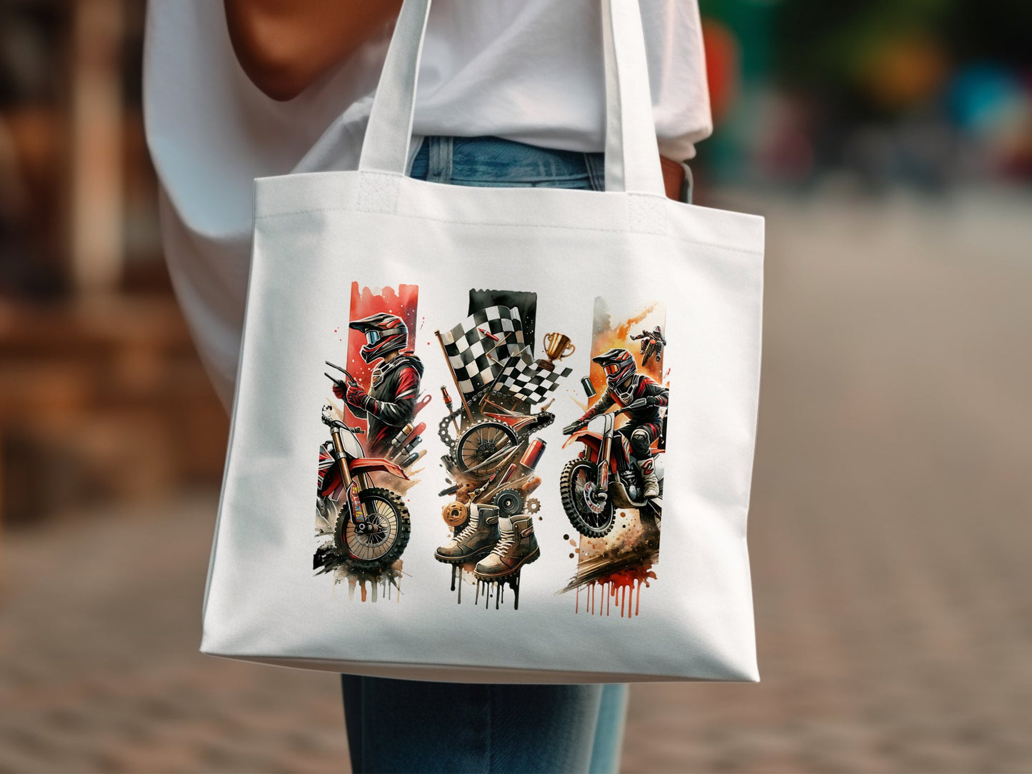 Designer Canvas Tote Bag with Colorful Abstract Motorcycle Art, Unique Urban Style Carryall, Street Fashion Accessory