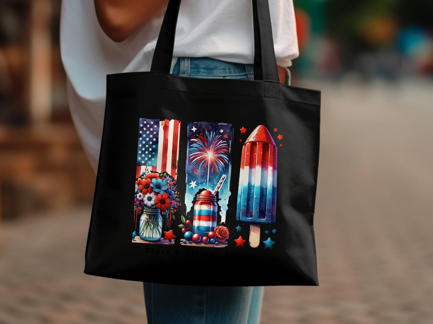 Patriotic Tote Bag, American Flag, Fireworks, Ice Pop, Floral Design, Large Canvas Shopper, Summer Fashion