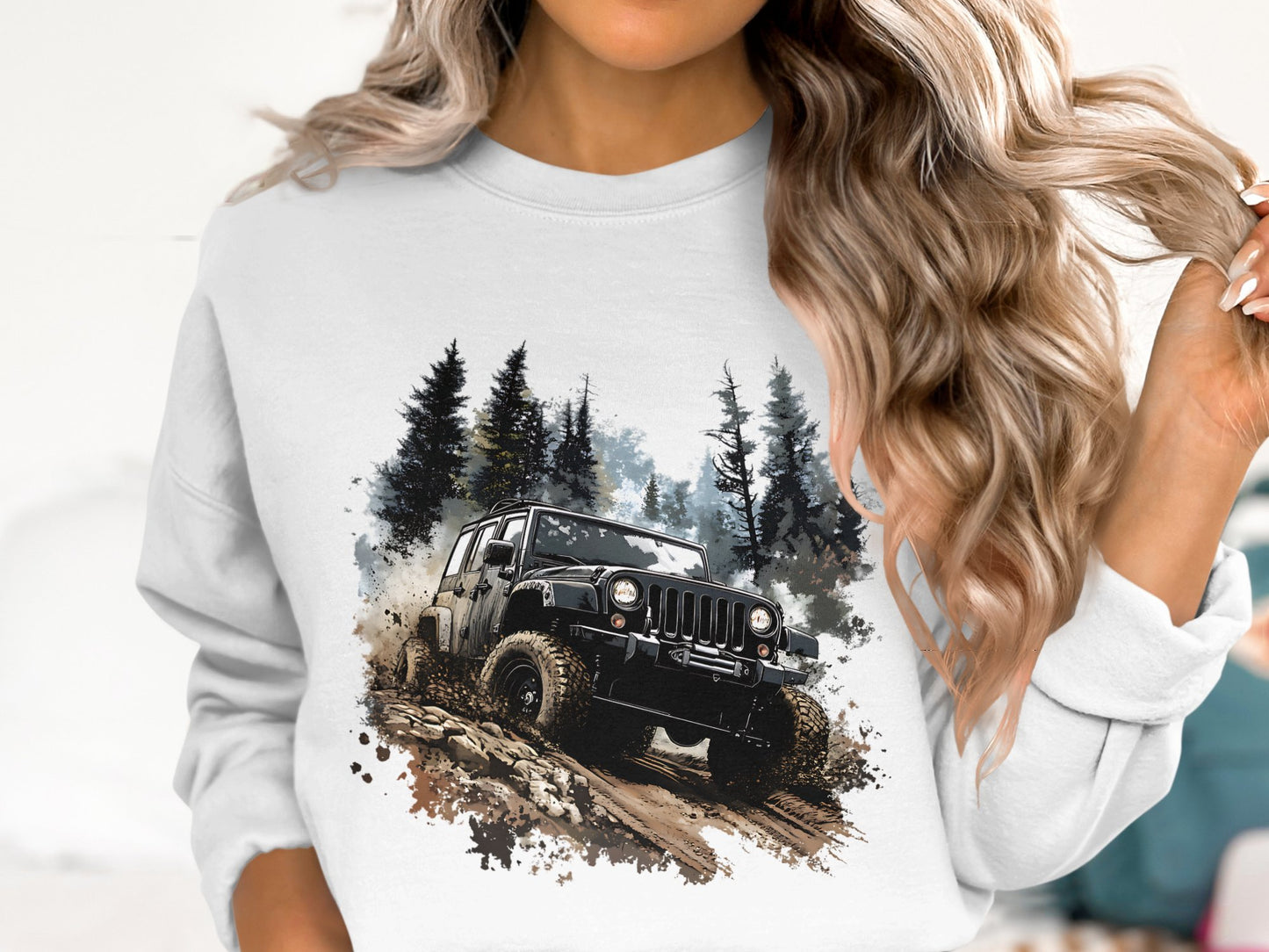 Off-Road Jeep Adventure Graphic Sweatshirt, Unisex Forest Print Pullover, Outdoor Enthusiast Apparel, Casual Autumn Clothing
