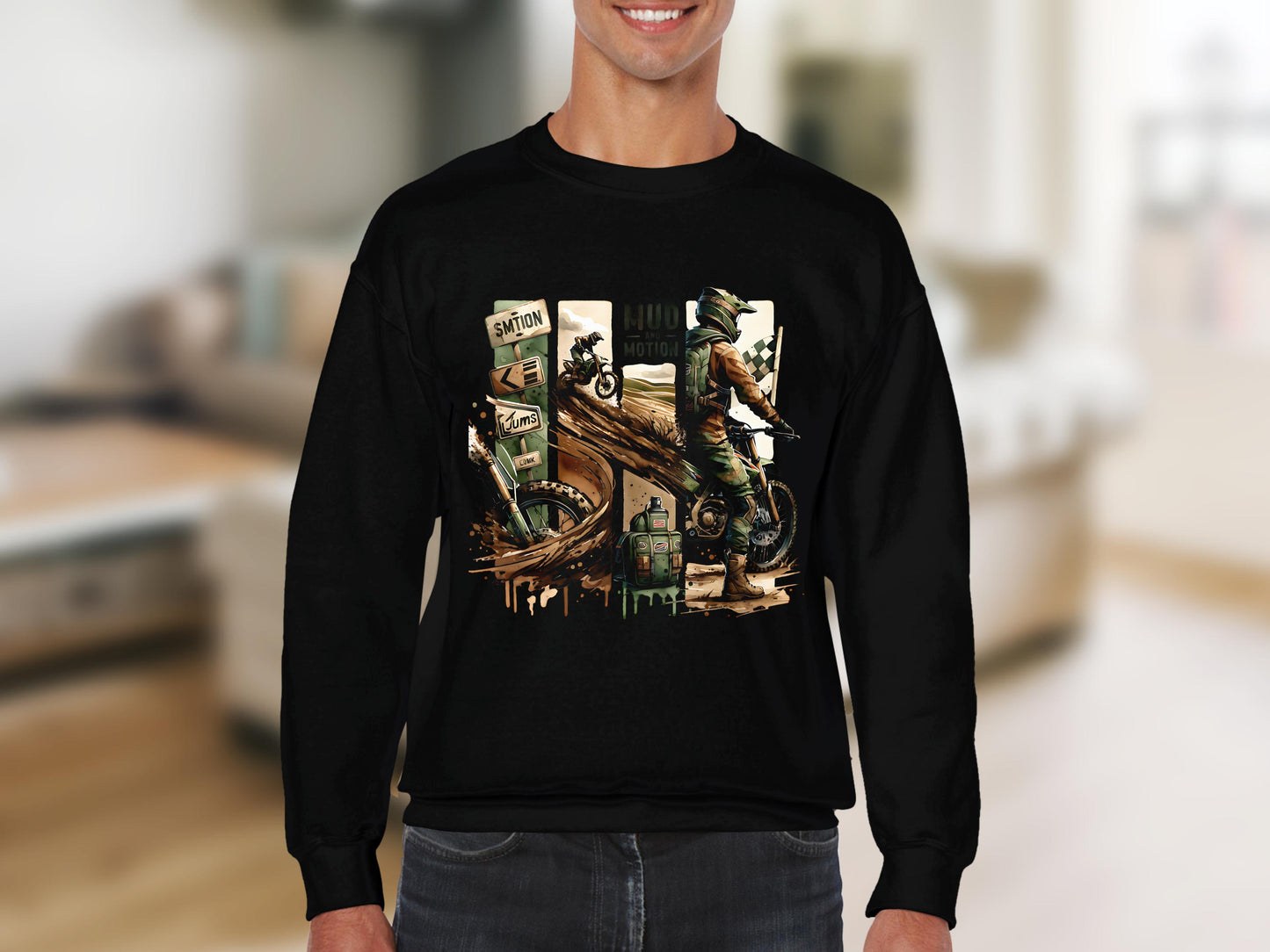 Men's Black Sweatshirt with Vintage Motorcycle Print, Long Sleeve Casual Pullover
