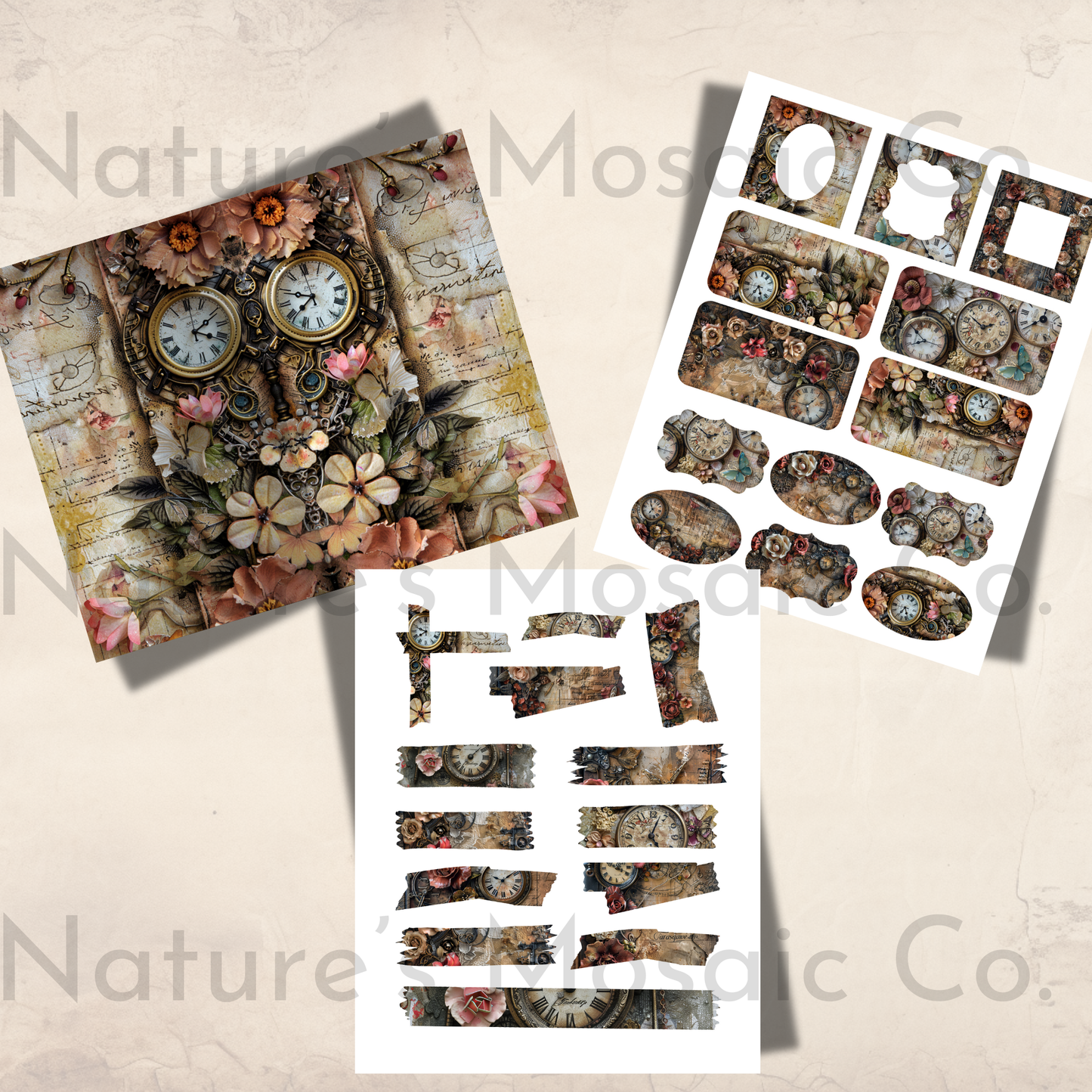 Antique Clocks Junk Journal Ephemera 21 Pages Vintage Timepiece Printables Tags Envelopes Pockets Labels Scrapbooking Digital Download