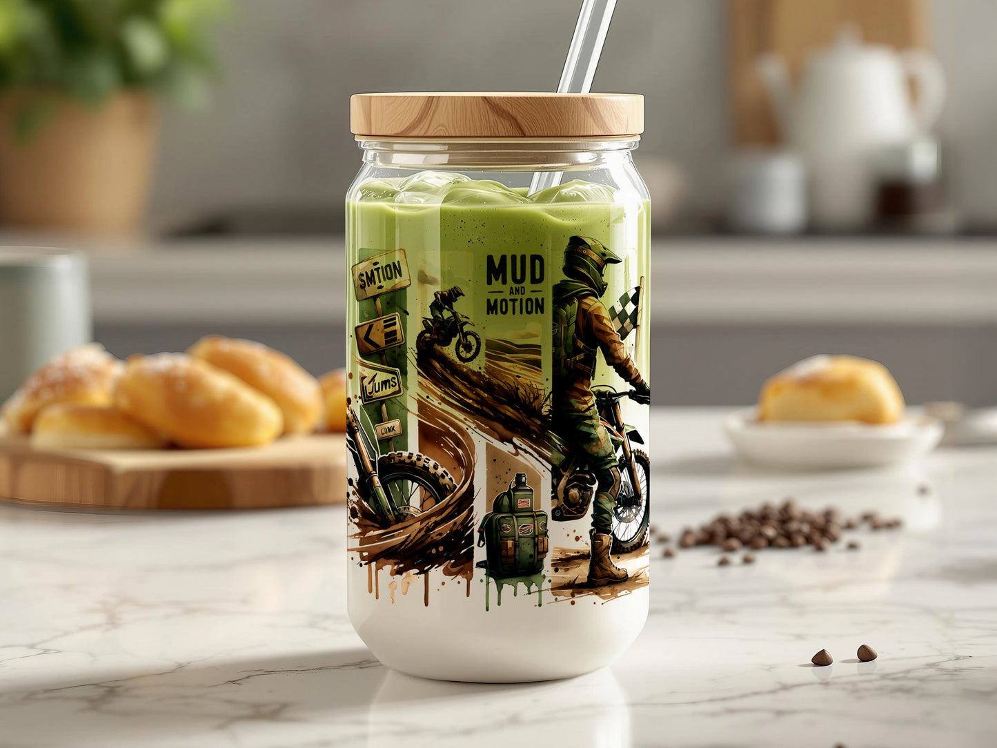 Motocross Themed Reusable Glass Smoothie Jar, Mud Motion Design, Eco-Friendly Drinkware with Straw