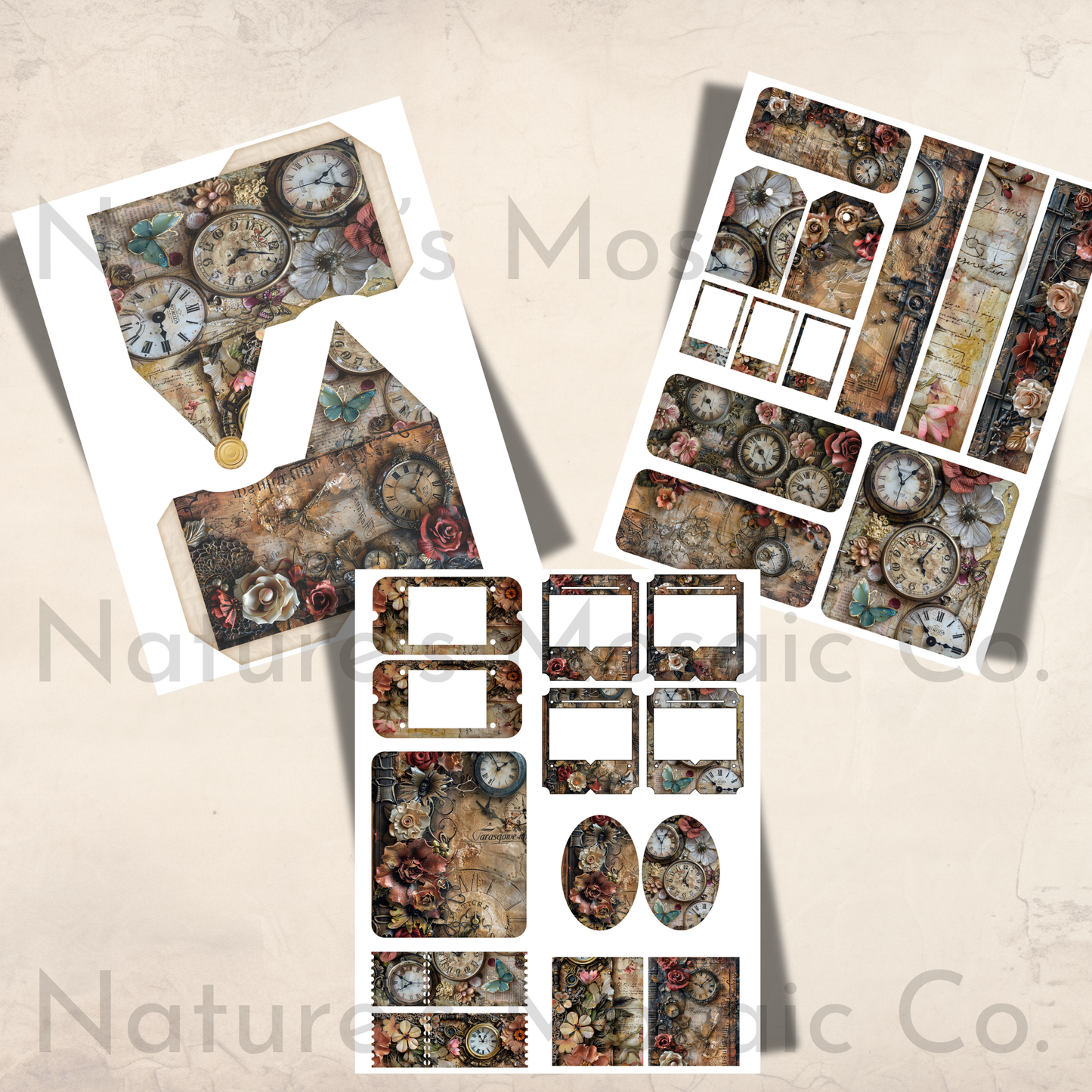 Antique Clocks Junk Journal Ephemera 21 Pages Vintage Timepiece Printables Tags Envelopes Pockets Labels Scrapbooking Digital Download
