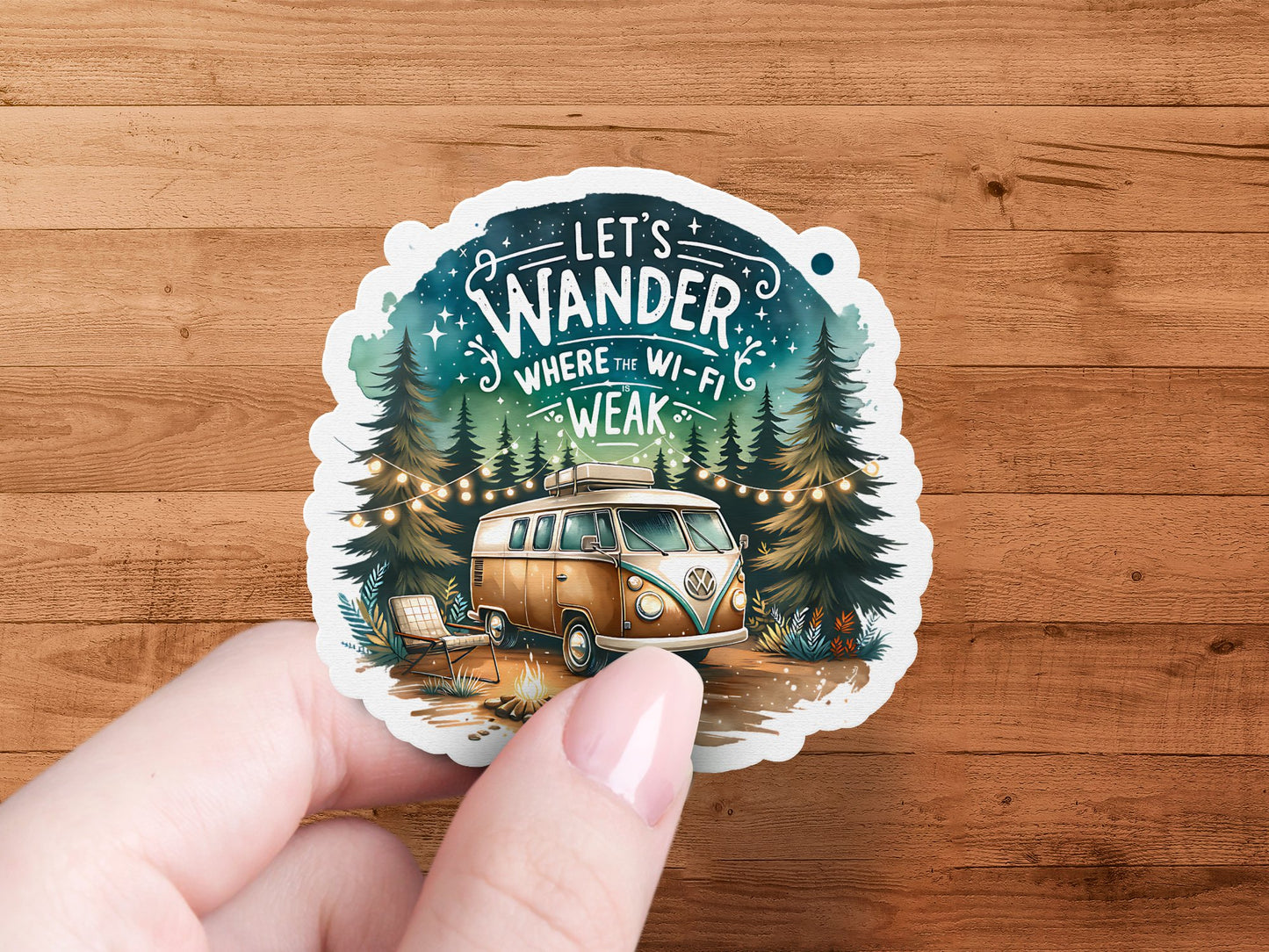 Vintage Camper Sticker, 'Let's Wander Where the Wi-Fi Is Weak', Travel Decal, Outdoor Adventure, Laptop Sticker, Camping Gift