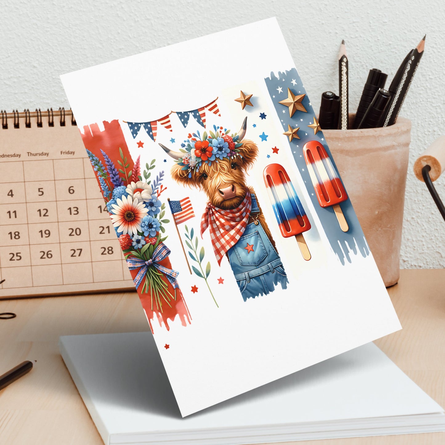 Patriotic Highland Cow Greeting Card, 4th of July Celebration, American Flag, Floral Decor, Unique Animal Card for All Occasions