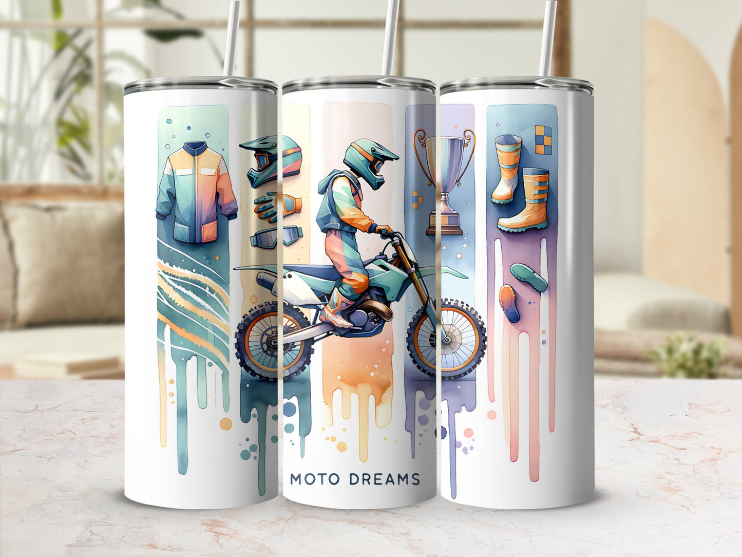 Motocross Themed Tumbler, Moto Dreams Illustrated Drinkware, Stainless Steel Insulated Cup