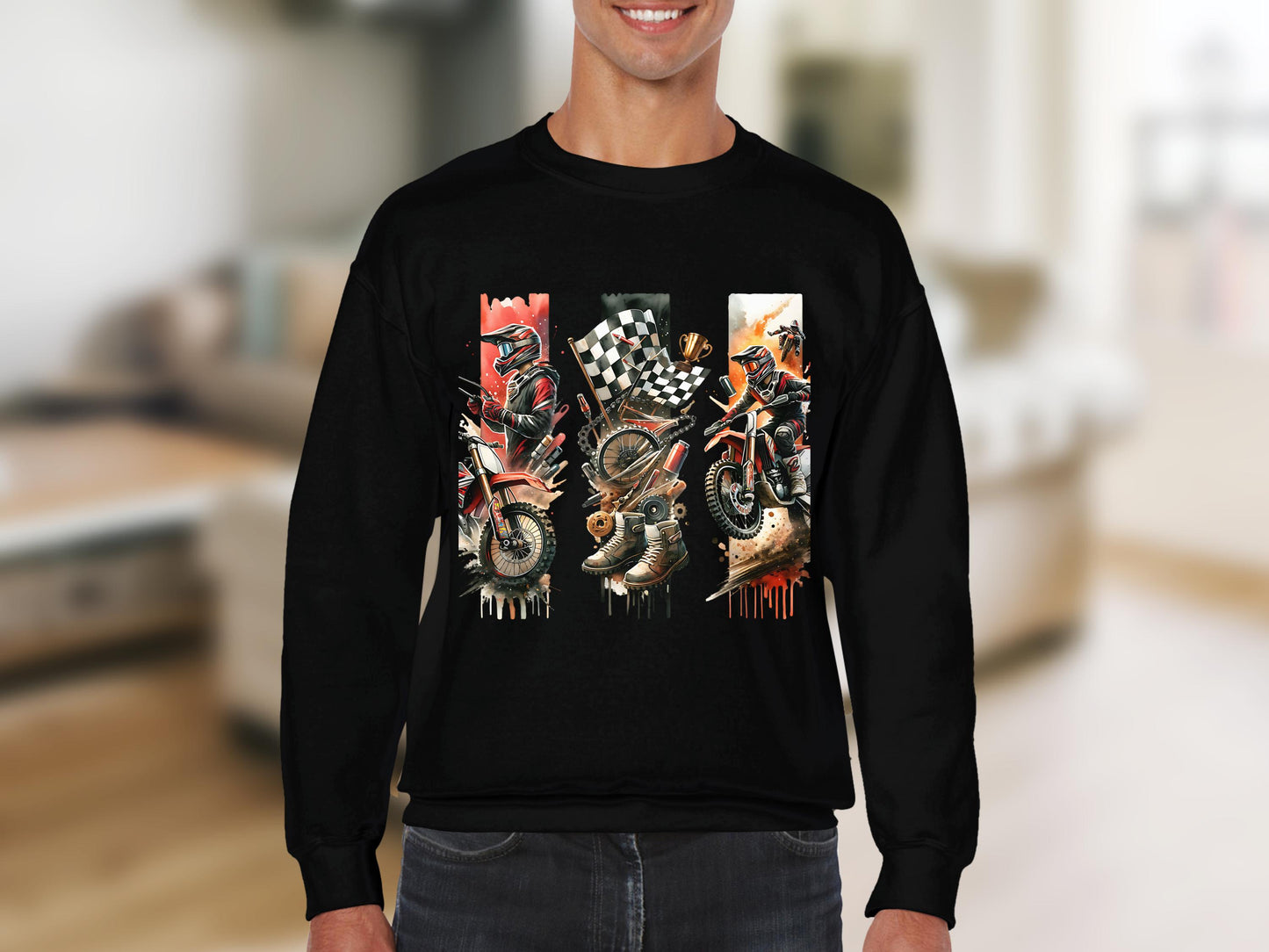 Men's Black Sweatshirt with Motorcycle and Racing Flag Graphic, Cool Biker Apparel Gift