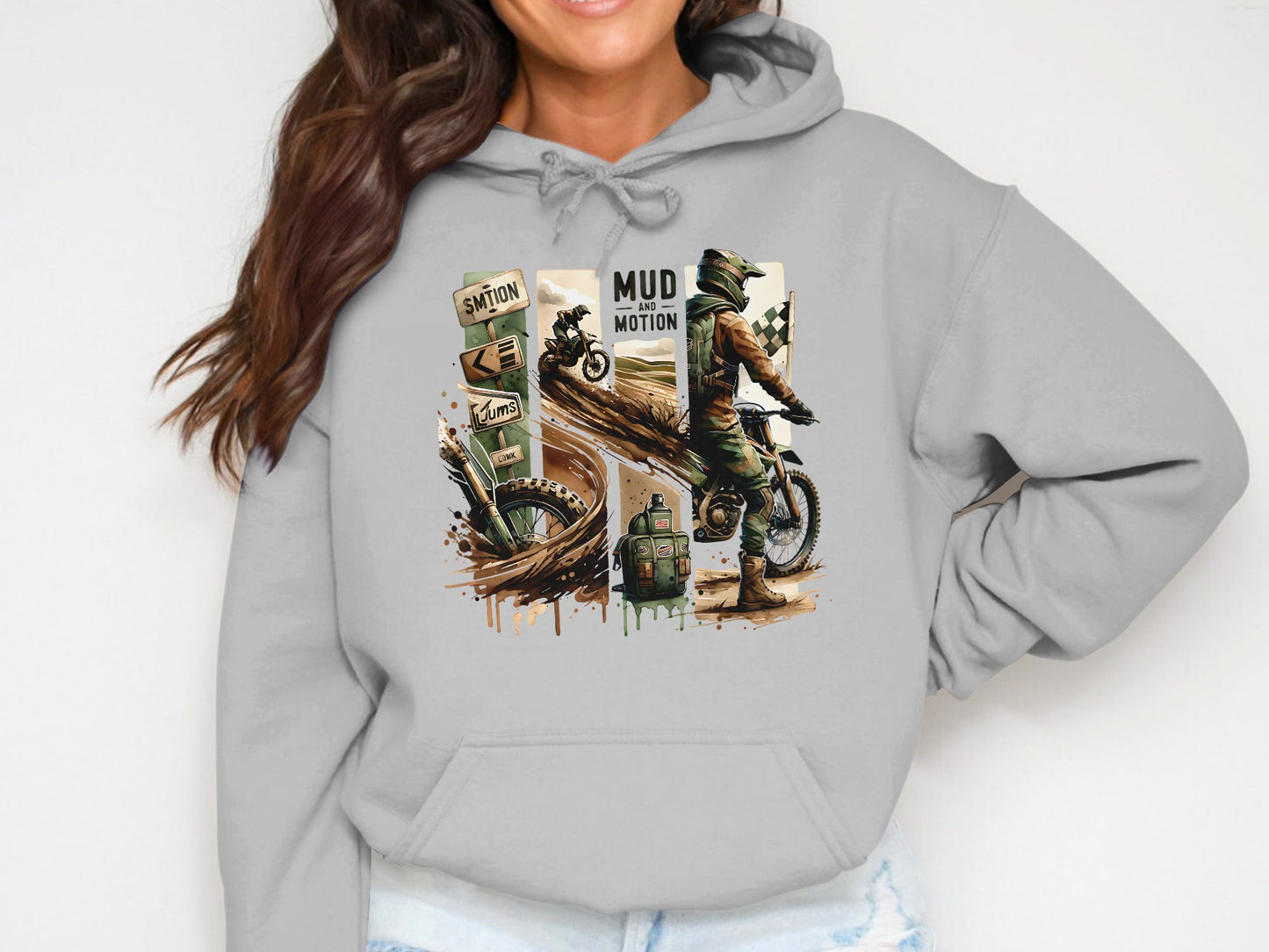 Vintage Motorcycle Graphic Hoodie, Off-Road Bike Print, Casual Grey Sweatshirt, Unisex Apparel
