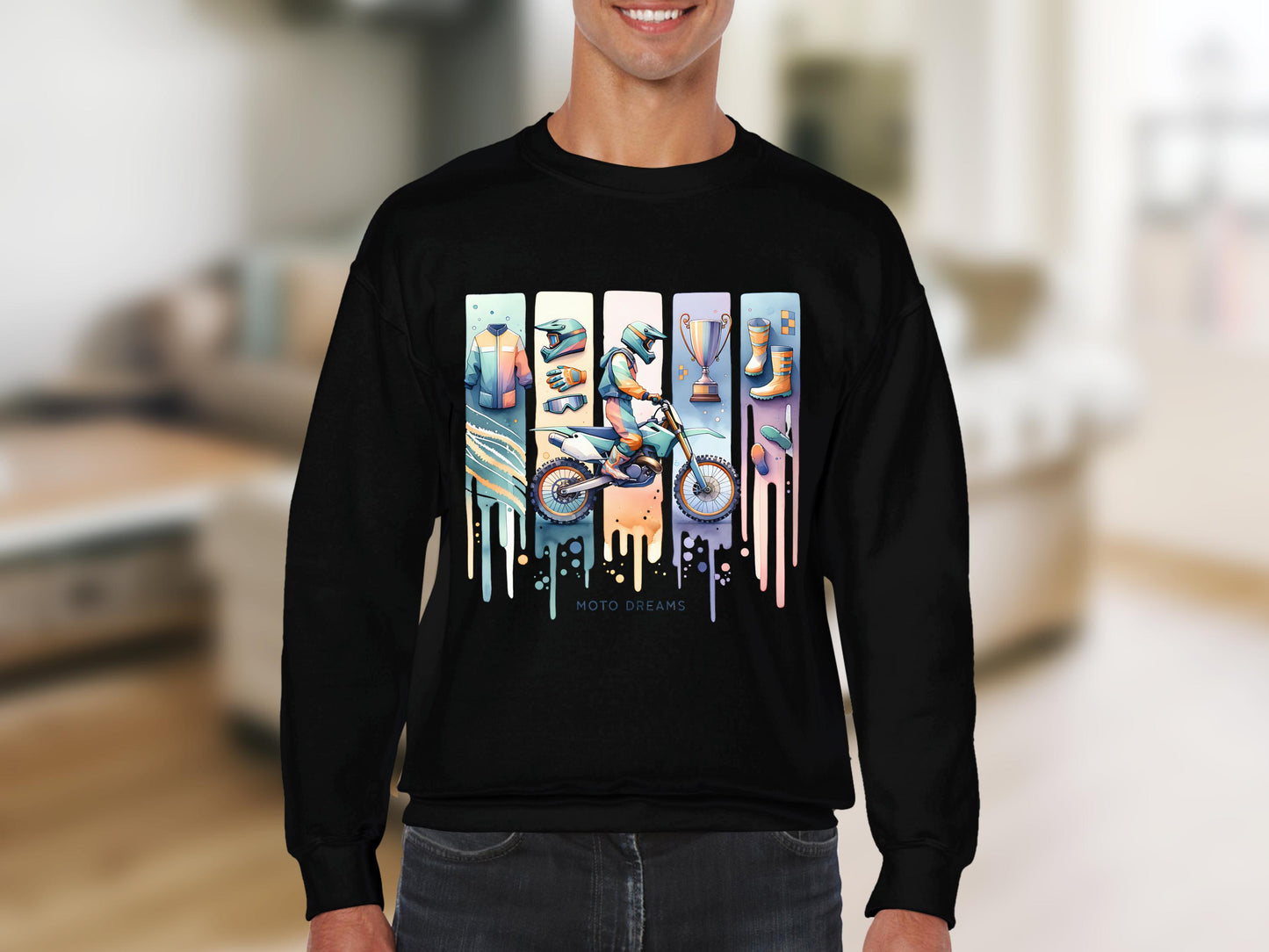Stylish Moto Dreams Graphic Sweatshirt, Colorful Motorcycle Print, Urban Fashion, Unisex Long Sleeve Pullover