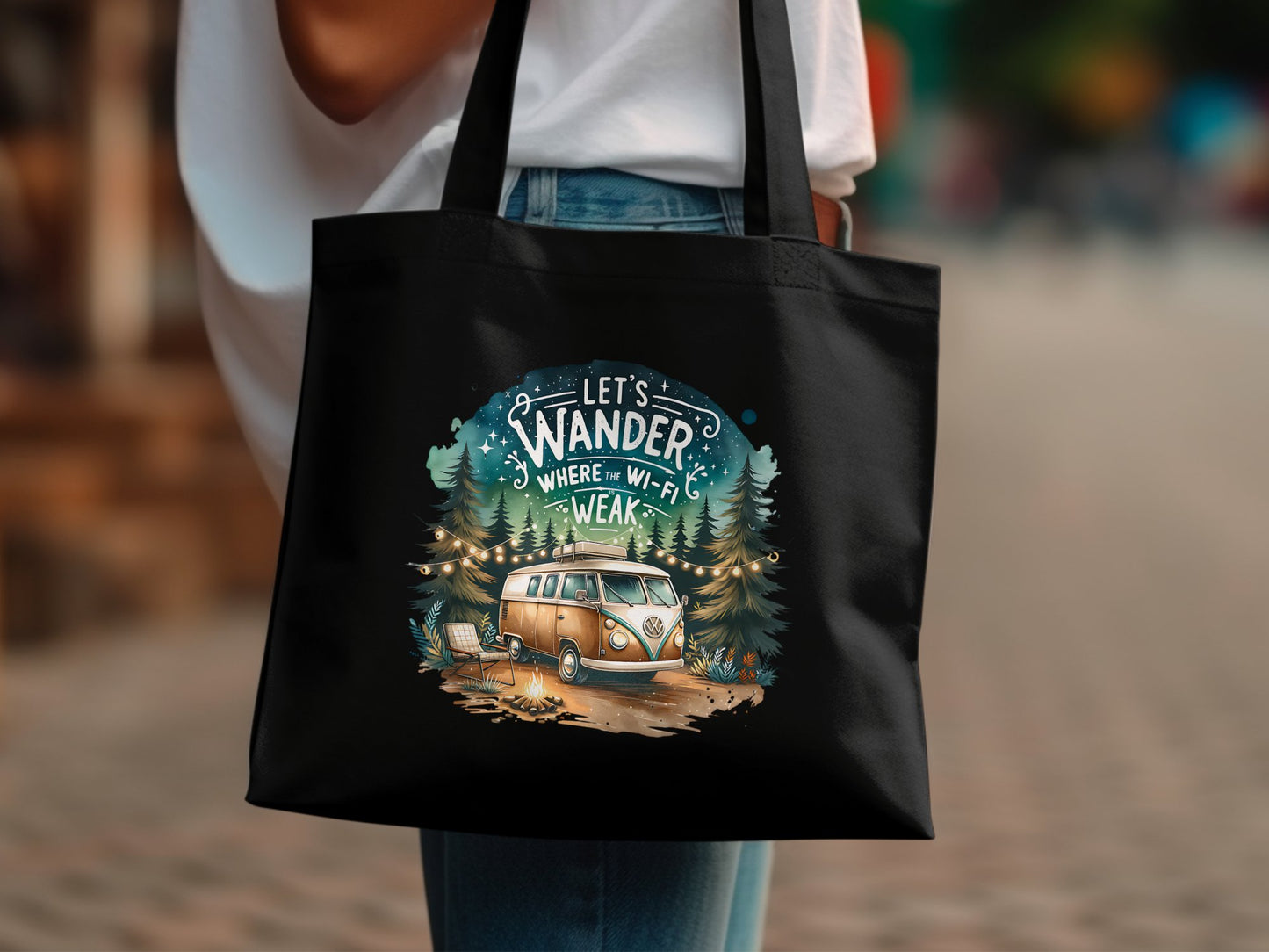 Adventure Tote Bag, Let's Wander Graphic, Black Canvas Bag, Vintage Camper Design, Traveler Gift, Eco-Friendly Shopping Bag