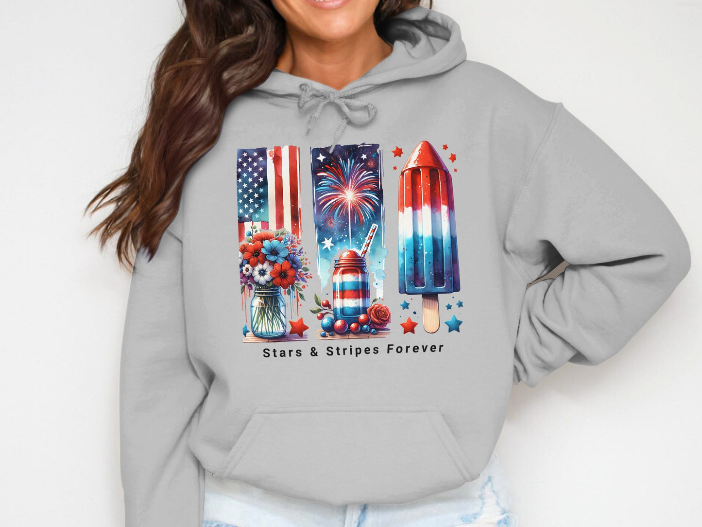 Patriotic Hoodie Stars and Stripes Forever Fireworks USA Flag Graphic Sweatshirt