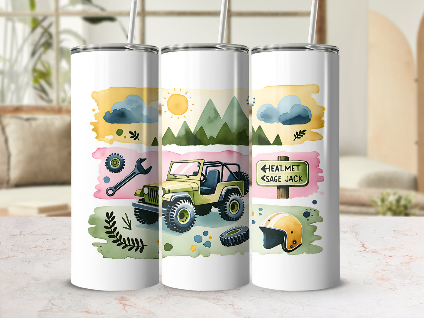 Adventure Kids Water Bottle, Personalized Name, Jungle Safari, Off-Road Jeep, Custom Sports Bottle for Children, 20oz Stainless Steel