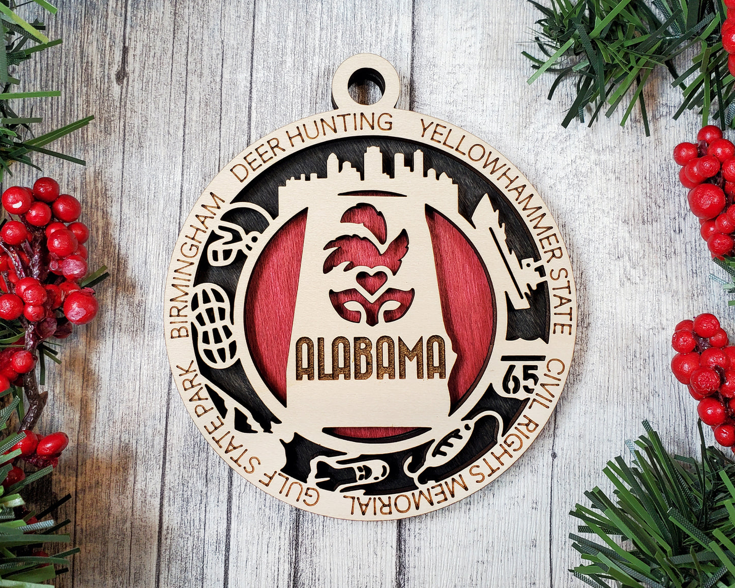 Alabama State Ornament – 3.25” Round Laser Cut Christmas Decoration | Yellowhammer State Gift for Southerners, Travelers & Civil Rights History Lovers