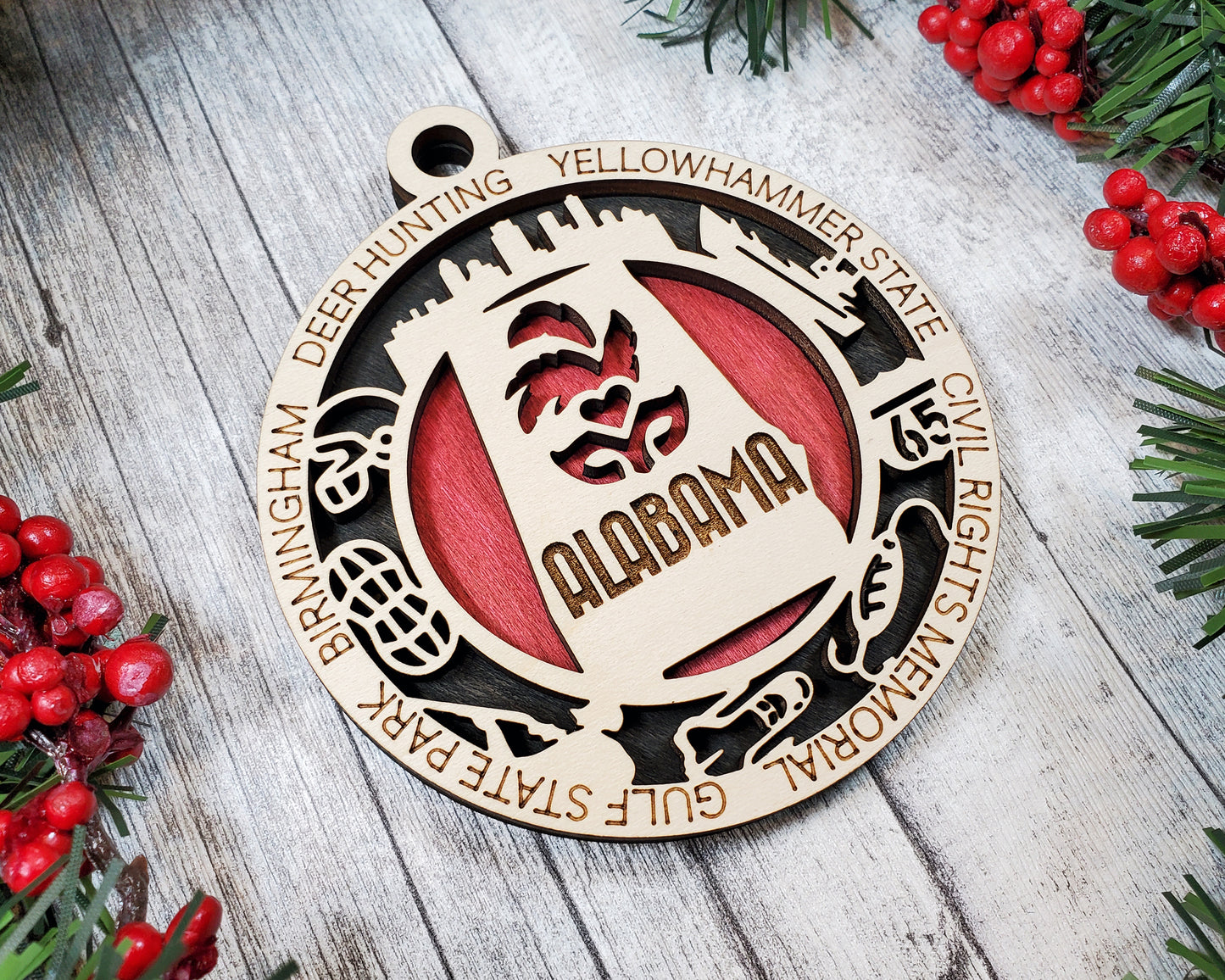 Alabama State Ornament – 3.25” Round Laser Cut Christmas Decoration | Yellowhammer State Gift for Southerners, Travelers & Civil Rights History Lovers