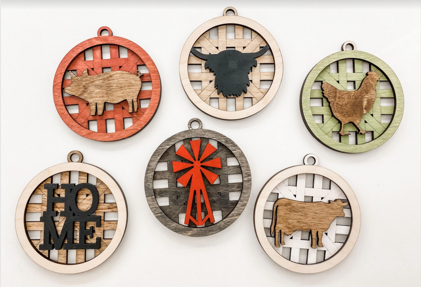 Farmhouse Christmas Ornament Set – Basket Weave Wood Ornaments (Set of 6) – Rustic Farm Animal & Windmill Tree Decorations – Pig, Cow, Chicken, Highland, Windmill, HOME