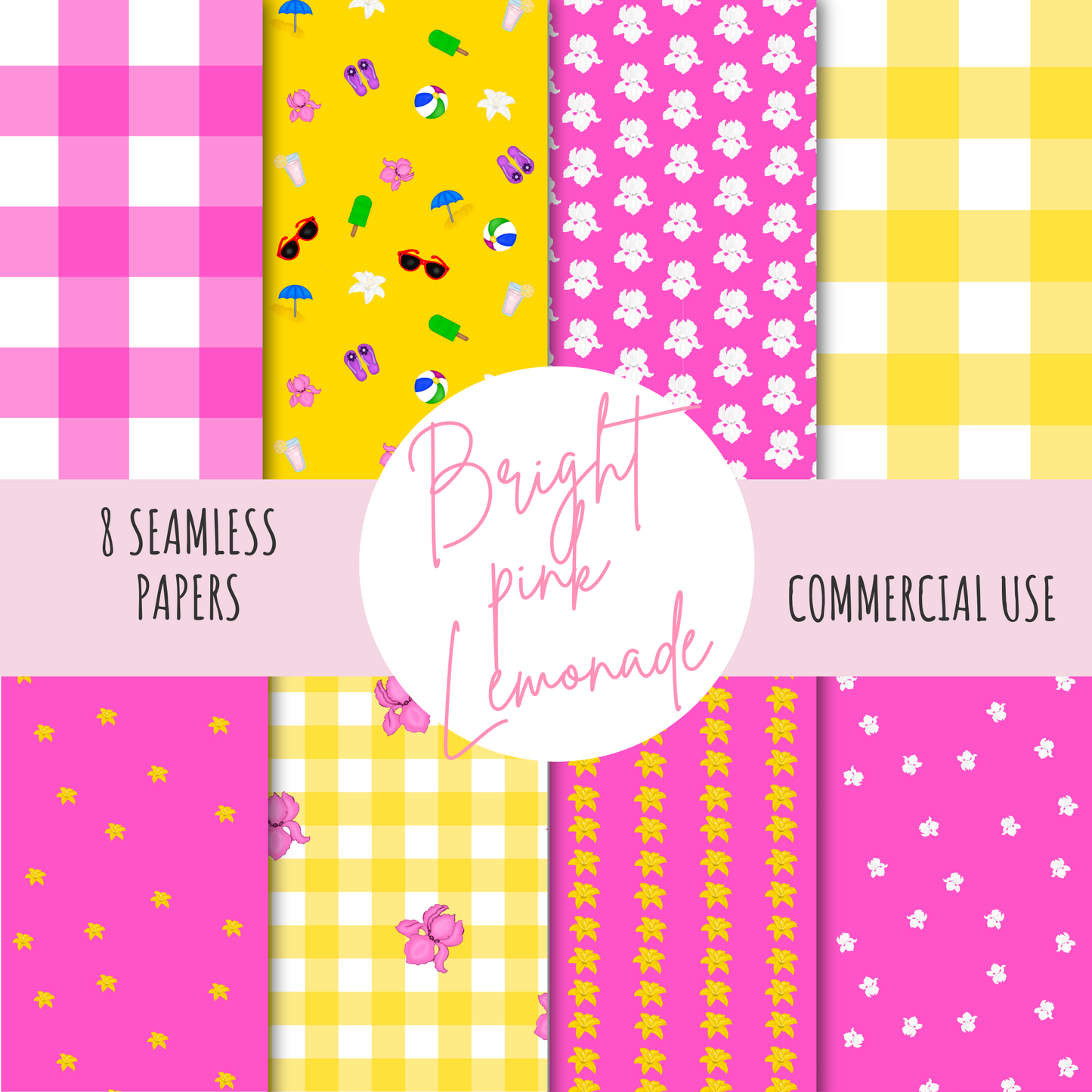 Bright Pink Lemonade Seamless Pattern Collection – 8 Digital 5000px 300DPI Designs for Fabric, Wallpaper, and Craft Projects