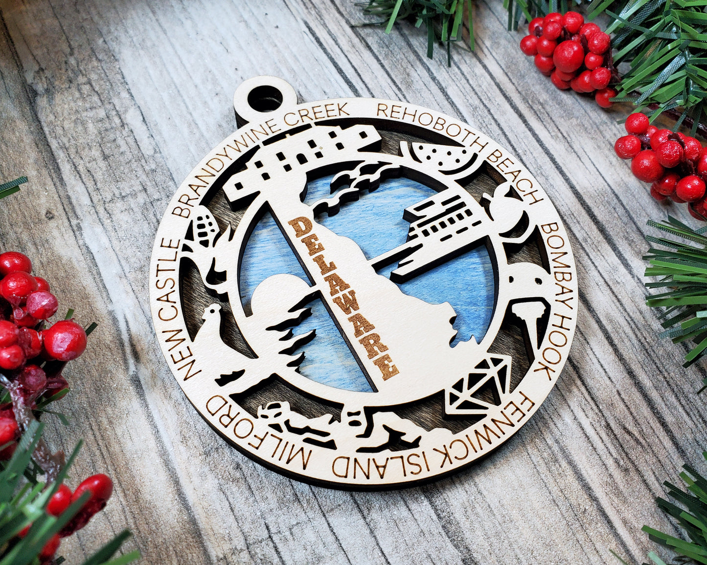 Delaware State Ornament – 3.25” Round Laser Cut Christmas Tree Decoration | Rehoboth Beach, Fenwick Island & Coastal Delaware Gift for Travelers & Locals
