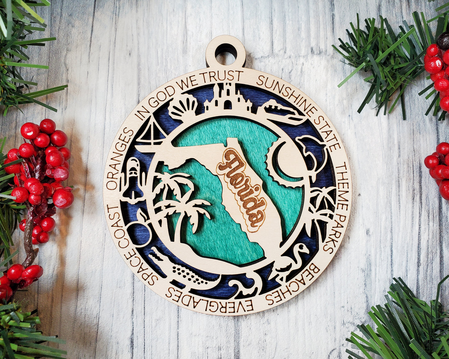 Florida State Ornament – 3.25” Round Laser Cut Sunshine State Christmas Decoration | Beach, Theme Park & Everglades Travel Gift for Floridians