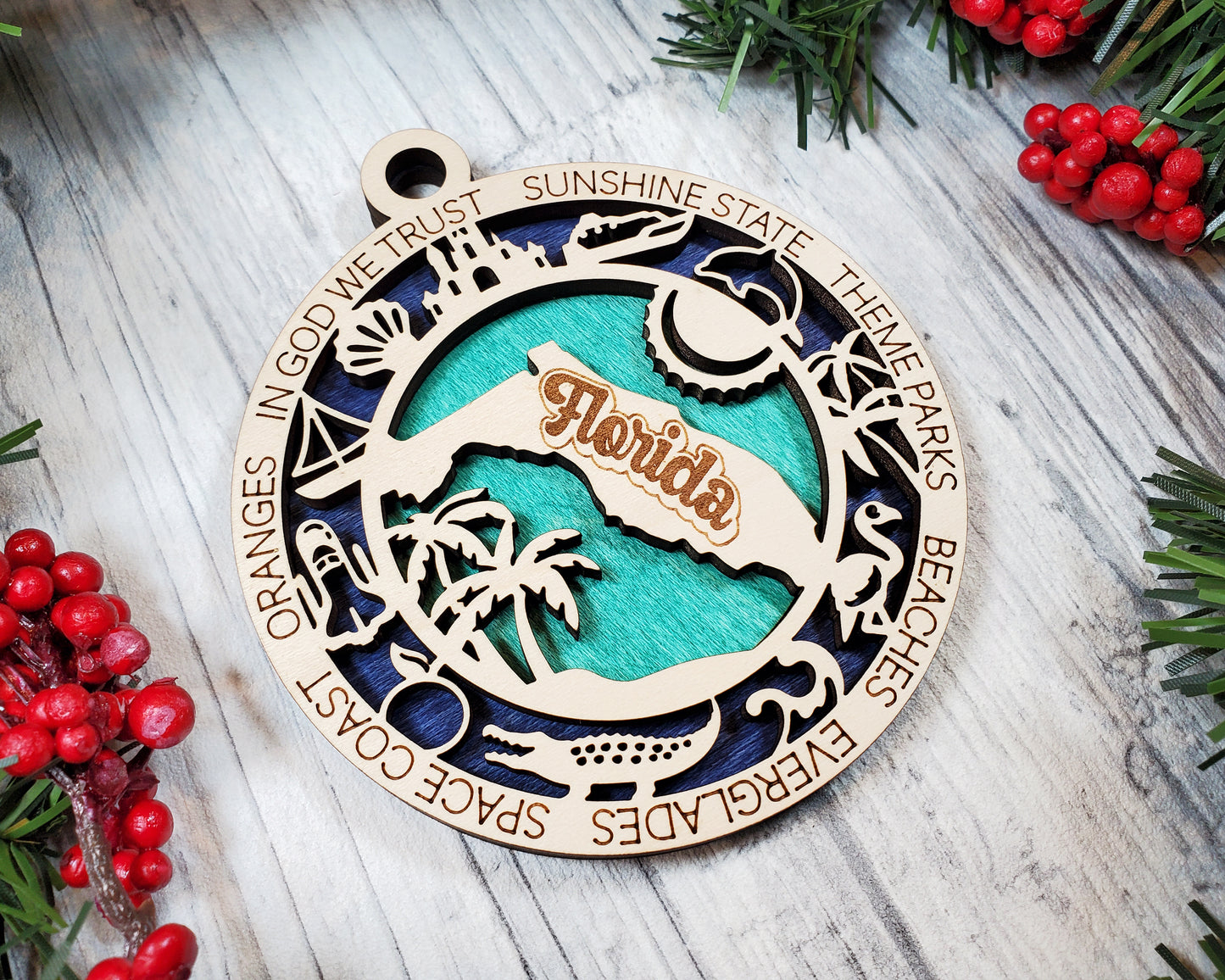 Florida State Ornament – 3.25” Round Laser Cut Sunshine State Christmas Decoration | Beach, Theme Park & Everglades Travel Gift for Floridians