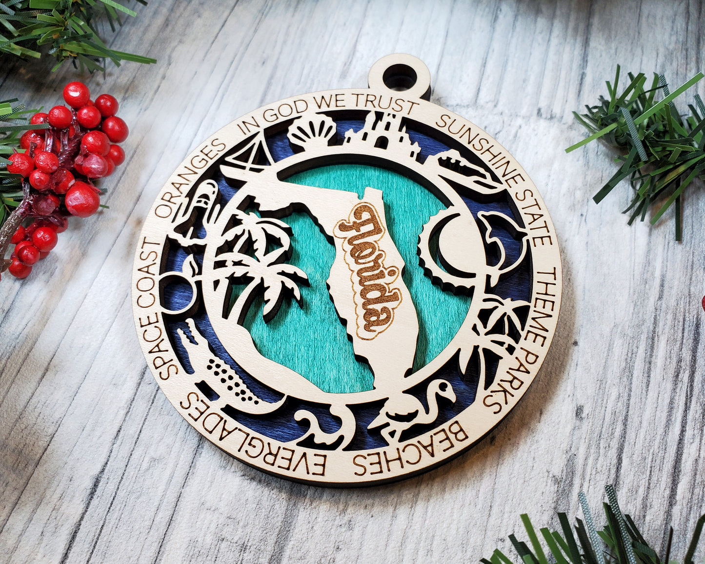 Florida State Ornament – 3.25” Round Laser Cut Sunshine State Christmas Decoration | Beach, Theme Park & Everglades Travel Gift for Floridians
