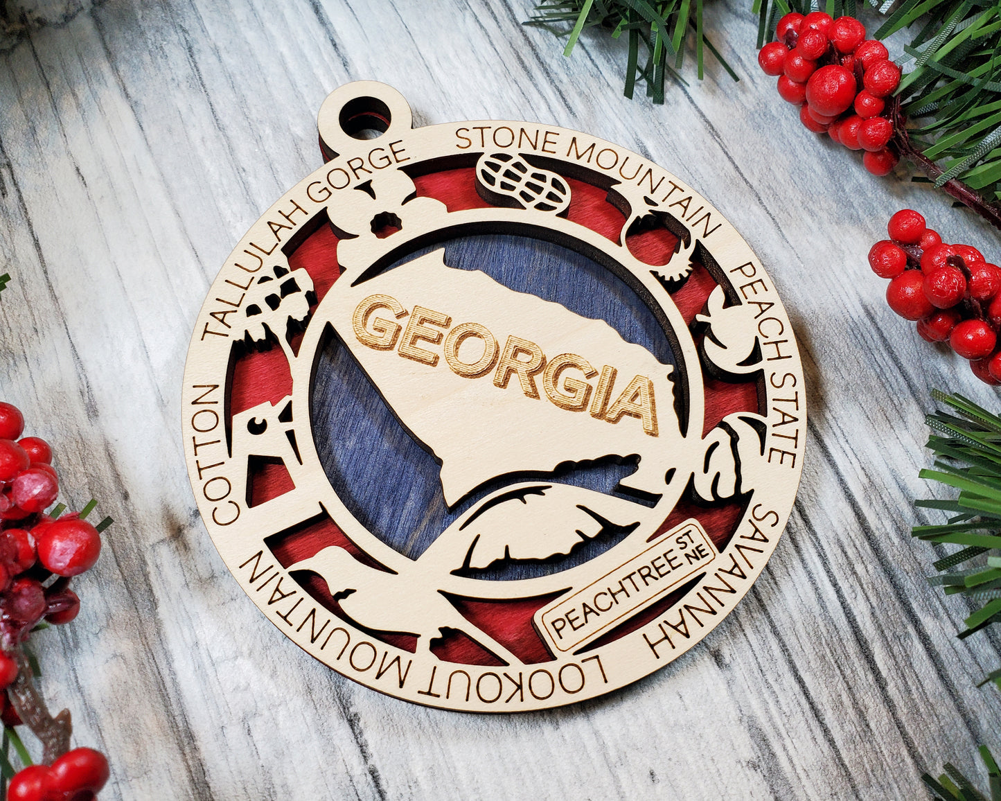 Georgia State Ornament – 3.25” Round Laser Cut Peach State Christmas Decoration | Georgia Peach Gift for Southerners, Travelers & Georgia Natives