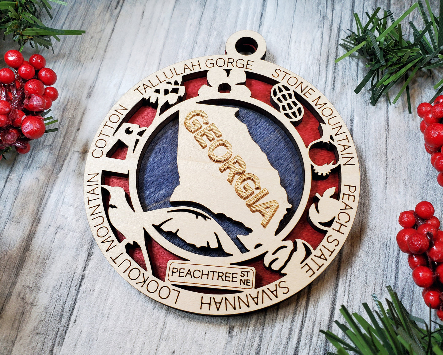 Georgia State Ornament – 3.25” Round Laser Cut Peach State Christmas Decoration | Georgia Peach Gift for Southerners, Travelers & Georgia Natives
