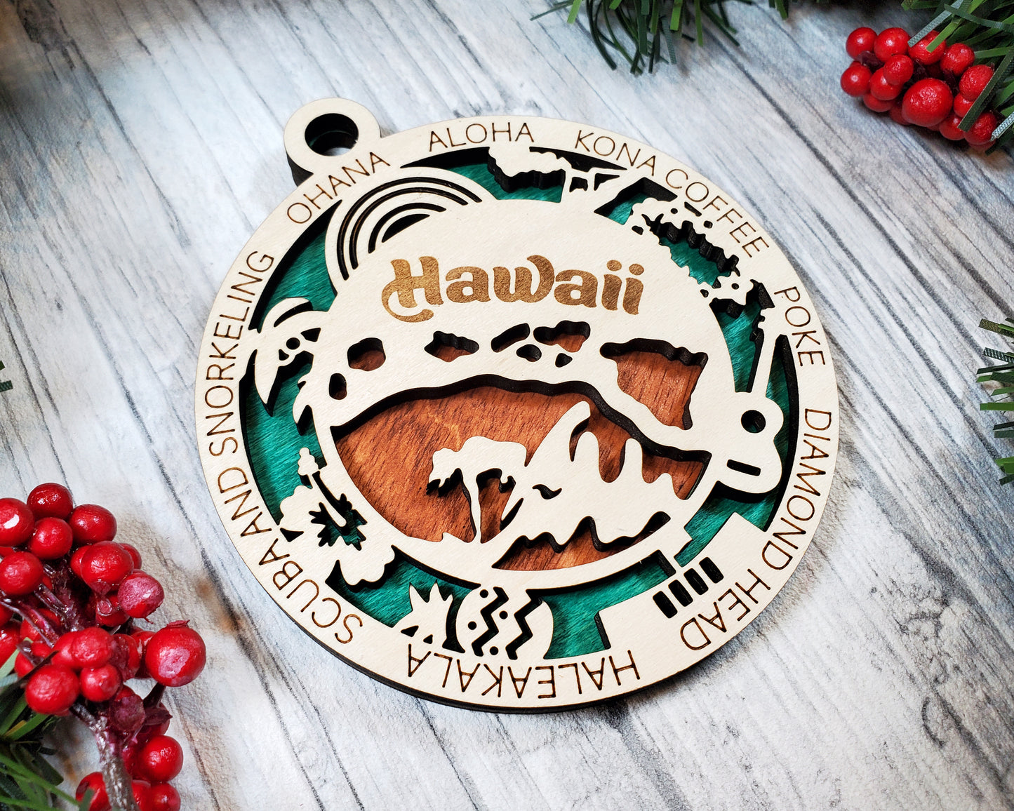 Hawaii State Ornament – 3.25” Round Laser Cut Wood Christmas Ornament | Aloha Gift for Beach Lovers, Travelers & Hawaii Enthusiasts