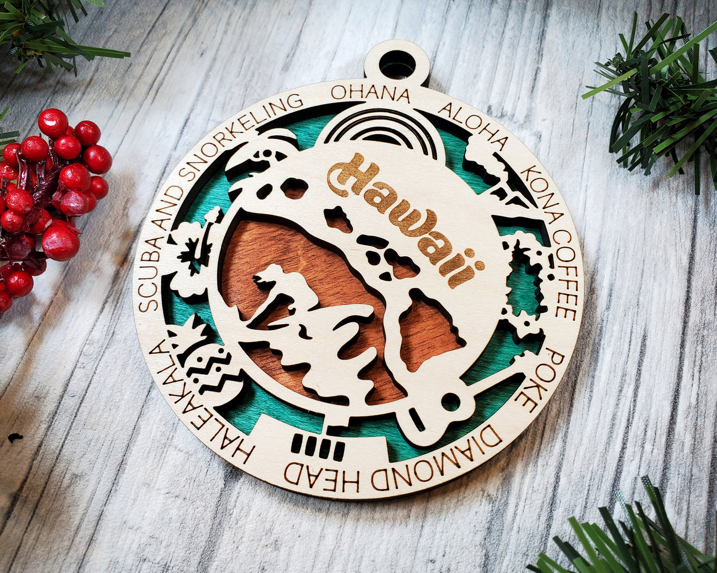 Hawaii State Ornament – 3.25” Round Laser Cut Wood Christmas Ornament | Aloha Gift for Beach Lovers, Travelers & Hawaii Enthusiasts