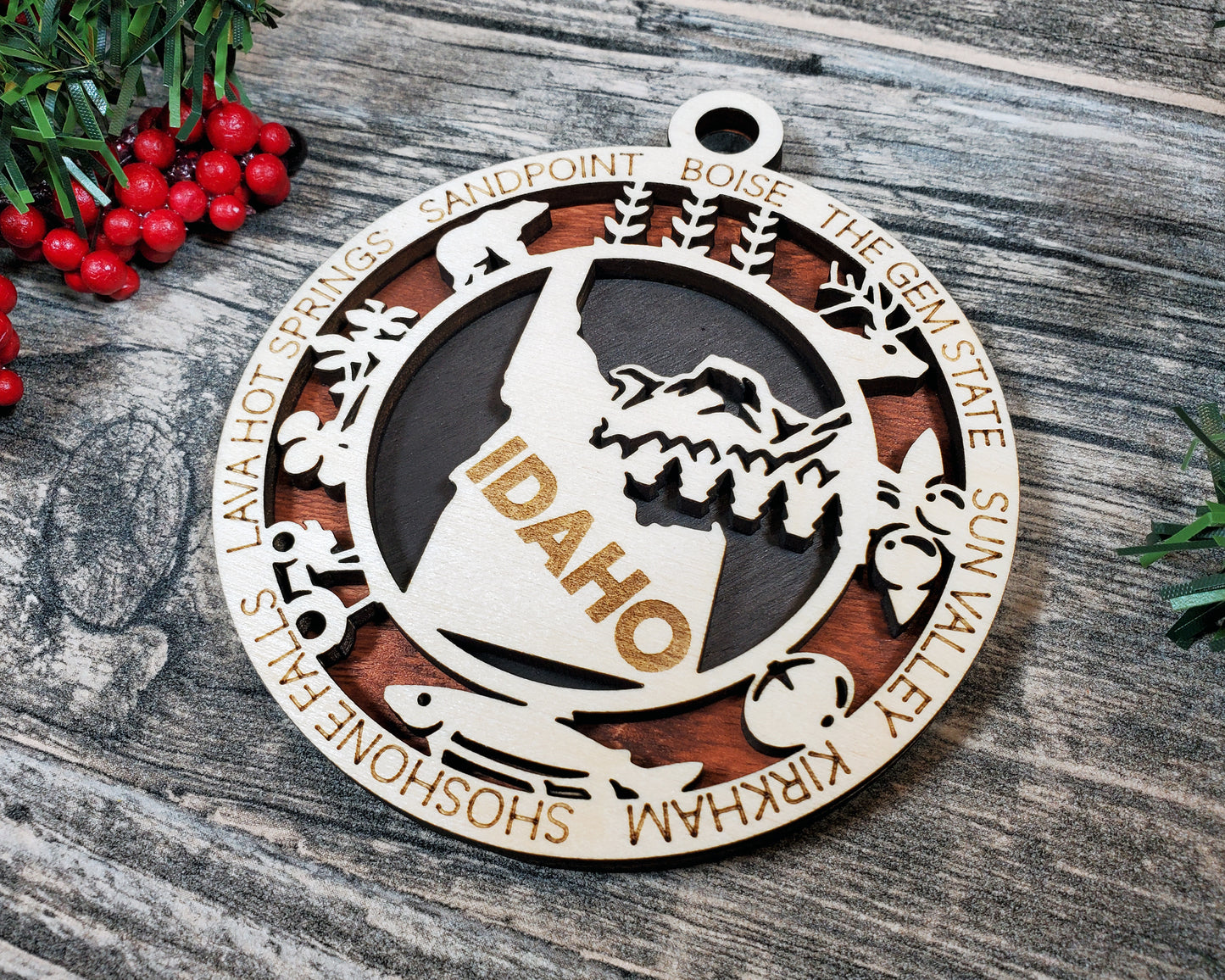 Idaho State Ornament – 3.25” Round Laser Cut Wooden Christmas Ornament | Idaho Gift for Campers, Skiers, Outdoor Adventurers & Gem State Travelers