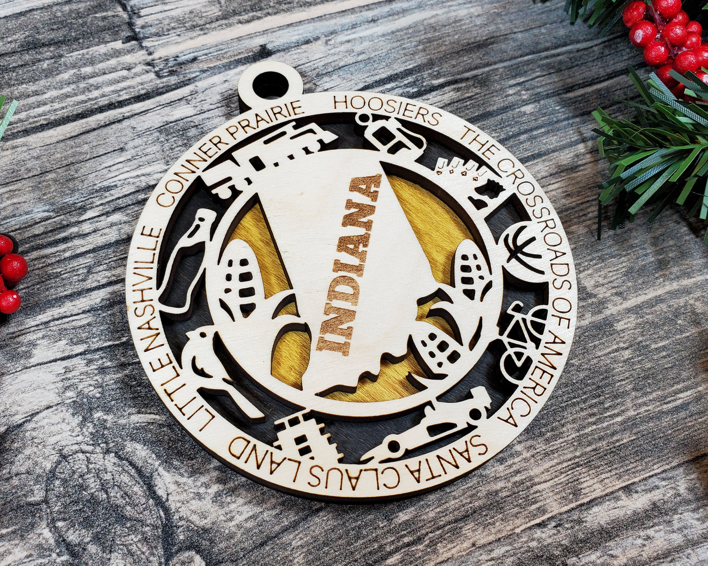 Indiana State Ornament – 3.25” Wooden Christmas Ornament | Crossroads of America Holiday Gift | Hoosier Pride Home Decor Keepsake
