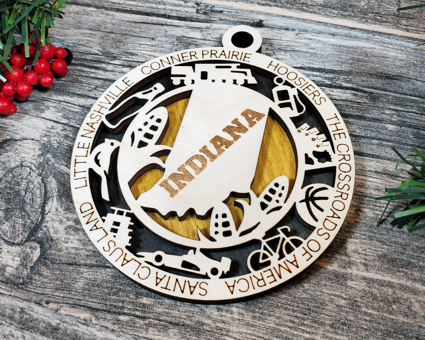 Indiana State Ornament – 3.25” Wooden Christmas Ornament | Crossroads of America Holiday Gift | Hoosier Pride Home Decor Keepsake