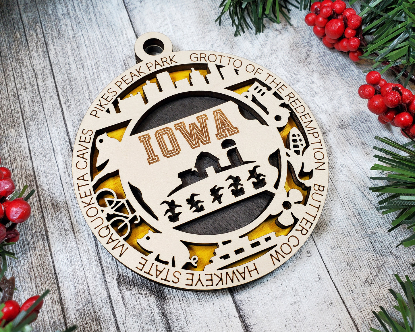 Iowa State Christmas Ornament – 3.25” Farm-Themed Wood Ornament | Handmade Midwest Holiday Decor | Rustic Iowa Gift | Hawkeye State Souvenir