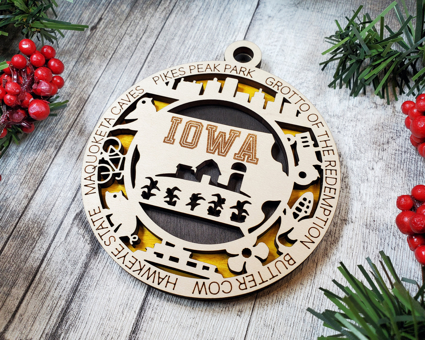Iowa State Christmas Ornament – 3.25” Farm-Themed Wood Ornament | Handmade Midwest Holiday Decor | Rustic Iowa Gift | Hawkeye State Souvenir