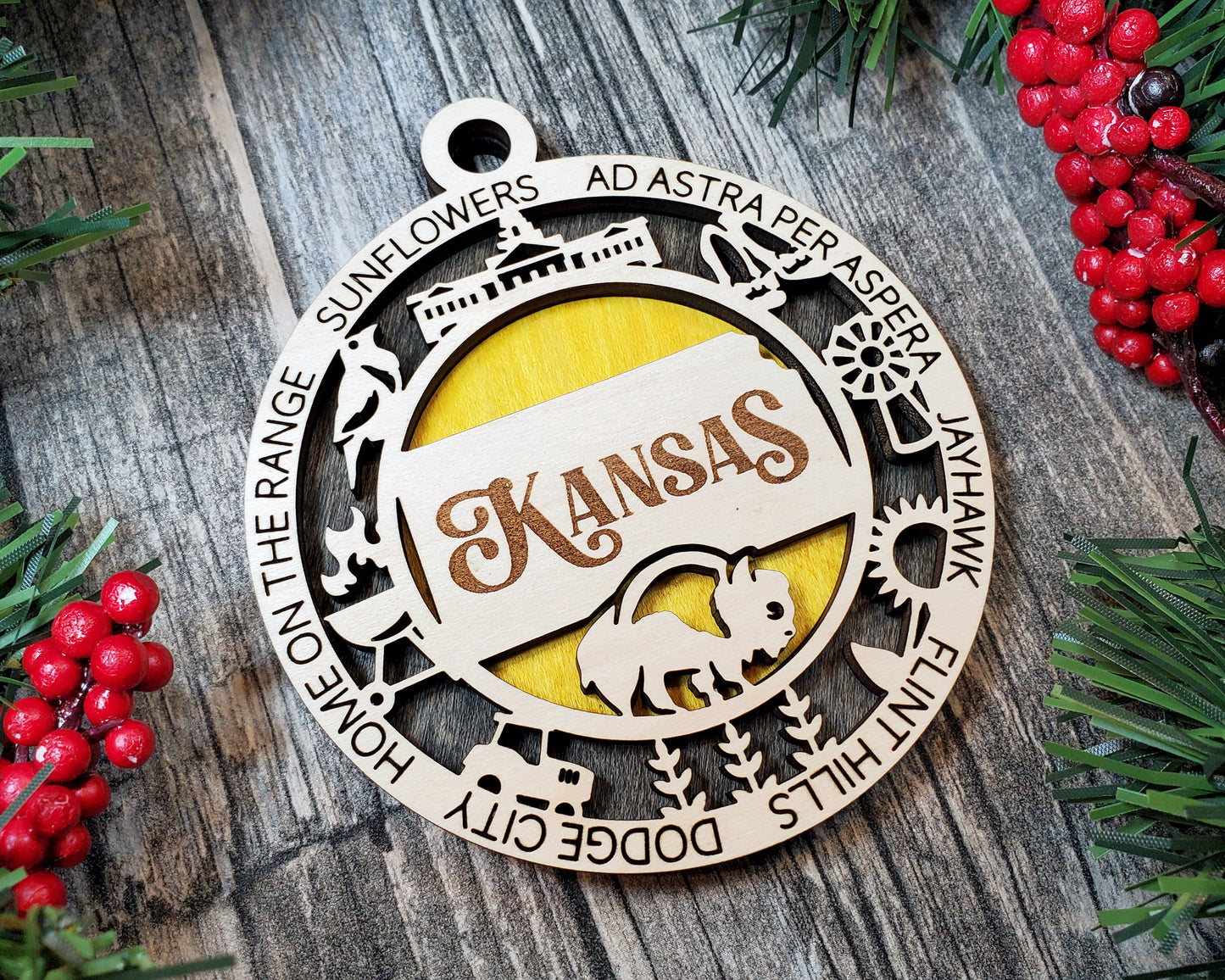 Kansas State Wooden Ornament – Laser Cut Holiday Decor Gift