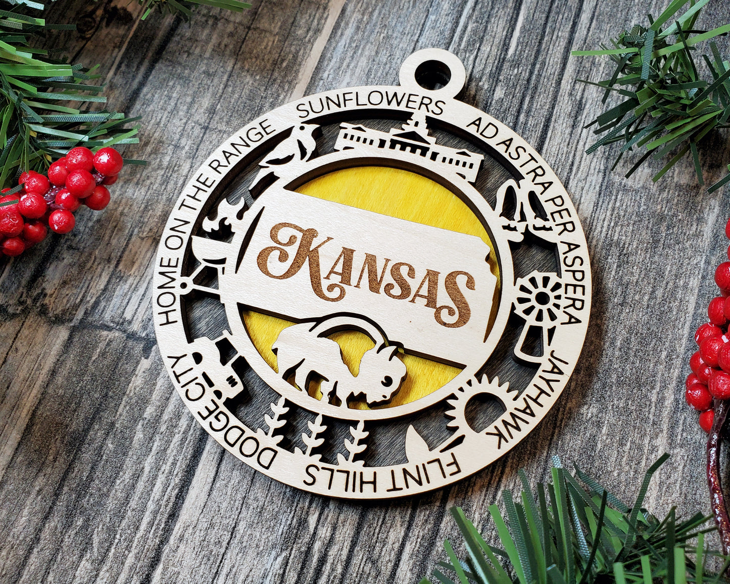 Kansas State Wooden Ornament – Laser Cut Holiday Decor Gift